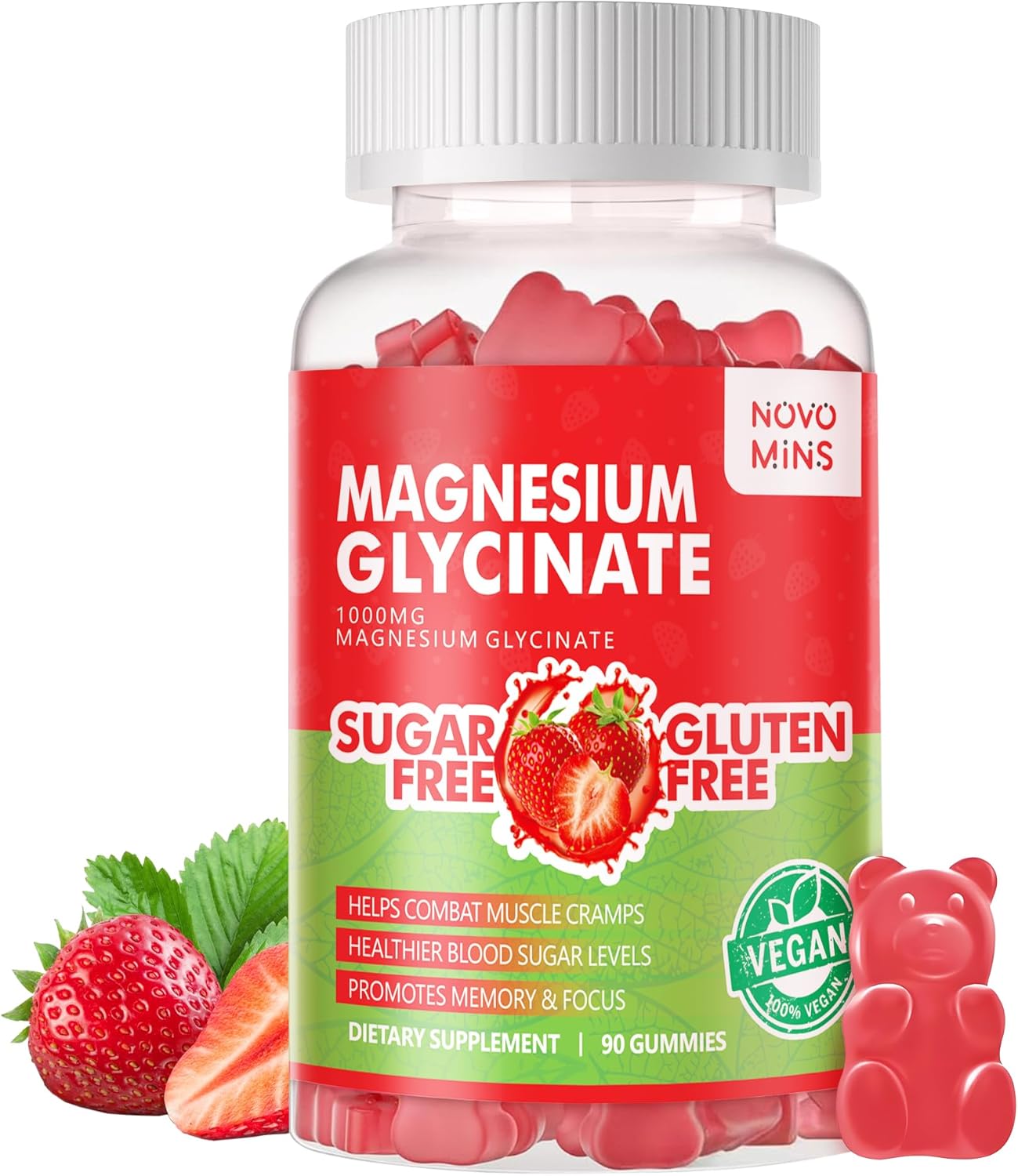 Sugar-Free Magnesium Glycinate Gummies - 90 Strawberry Gummies with Vitamin D, B6, CoQ10 for Calm Mood & Sleep Support - 1000mg, Novomins - BoostGo Australia