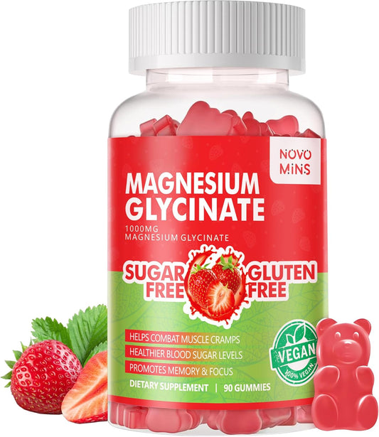 Sugar-Free Magnesium Glycinate Gummies - 90 Strawberry Gummies with Vitamin D, B6, CoQ10 for Calm Mood & Sleep Support - 1000mg, Novomins - BoostGo Australia