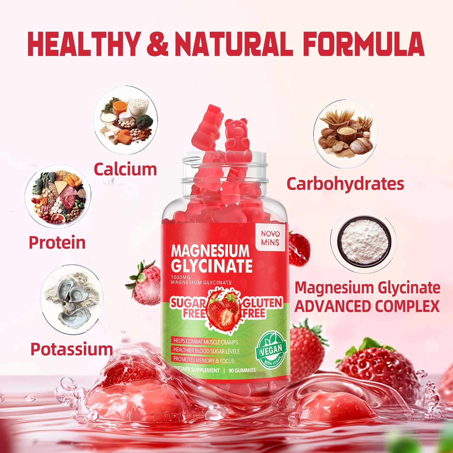 Sugar-Free Magnesium Glycinate Gummies - 90 Strawberry Gummies with Vitamin D, B6, CoQ10 for Calm Mood & Sleep Support - 1000mg, Novomins - BoostGo Australia
