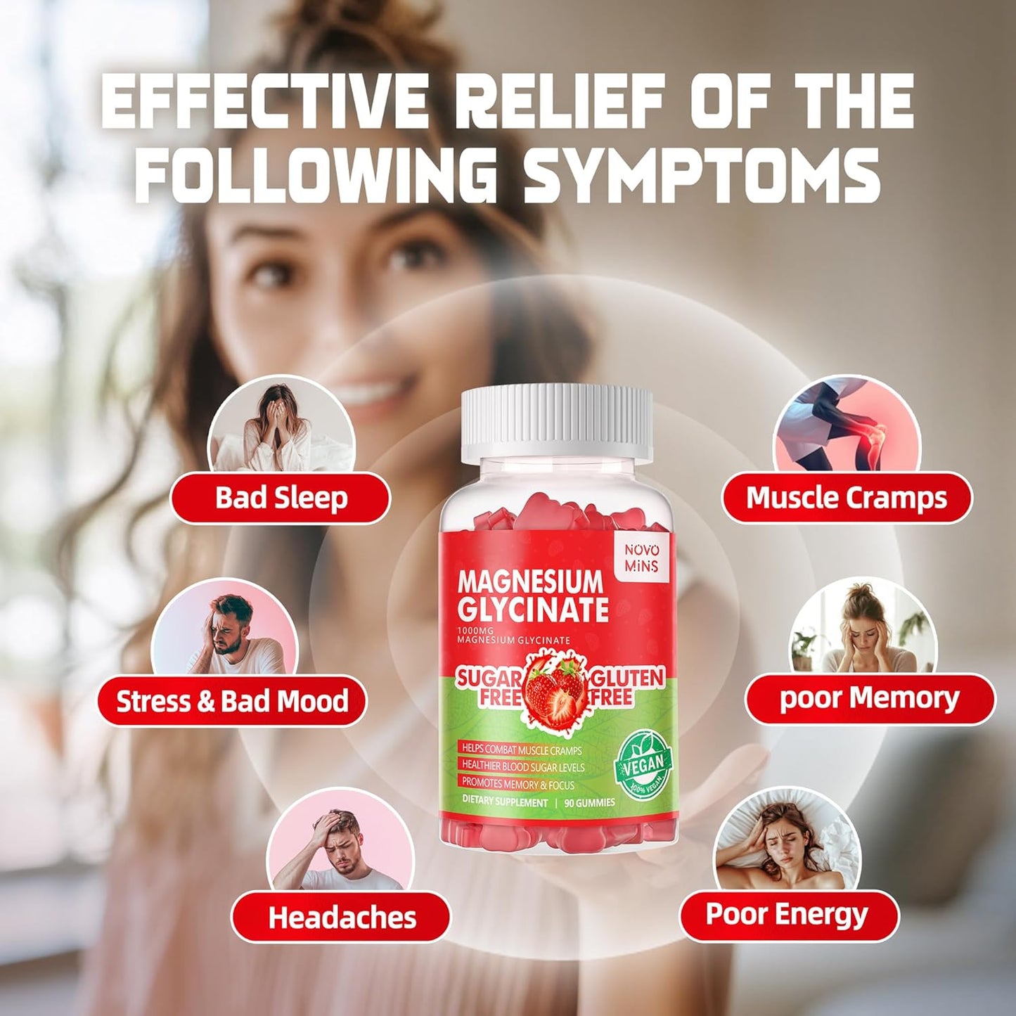 Sugar-Free Magnesium Glycinate Gummies - 90 Strawberry Gummies with Vitamin D, B6, CoQ10 for Calm Mood & Sleep Support - 1000mg, Novomins - BoostGo Australia