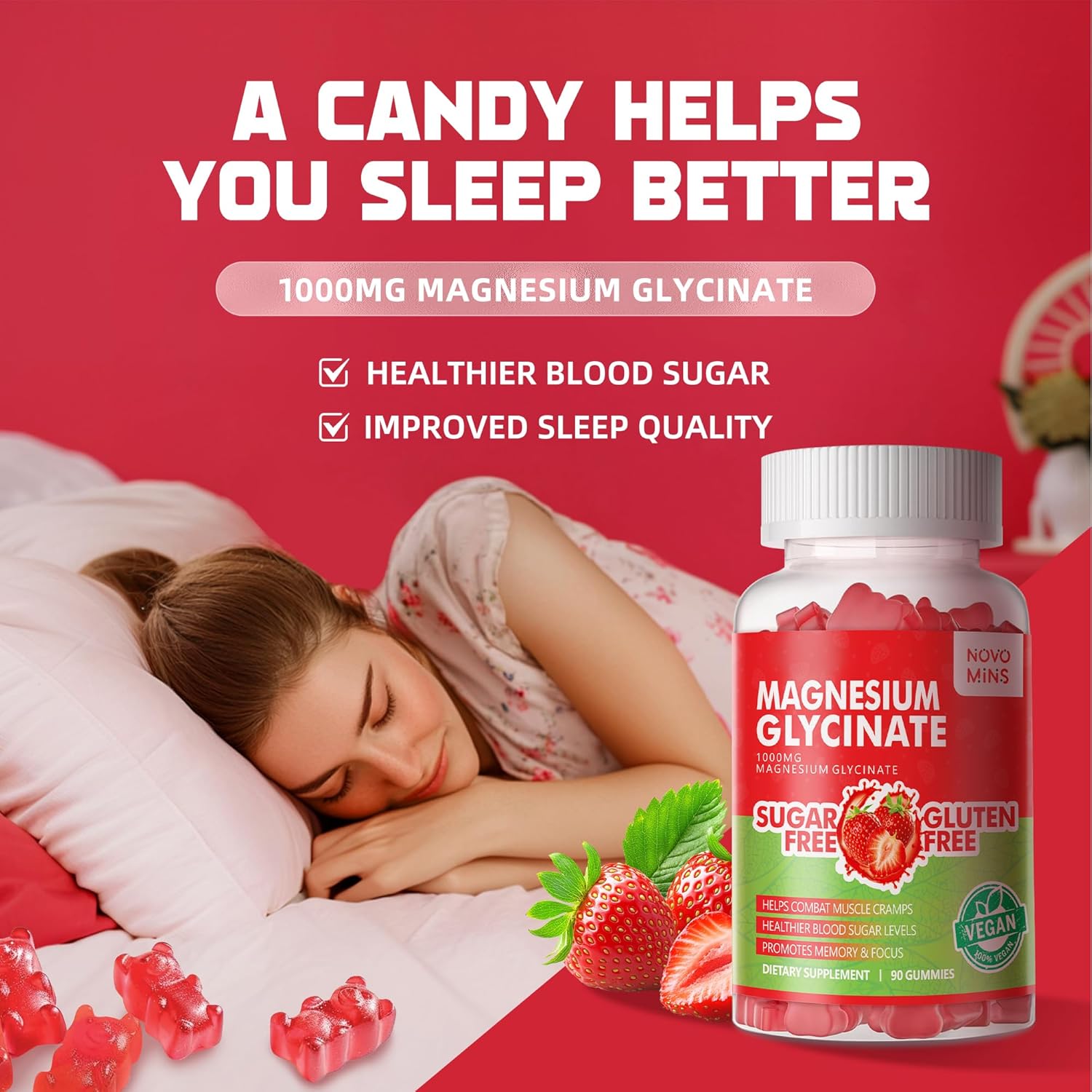 Sugar-Free Magnesium Glycinate Gummies - 90 Strawberry Gummies with Vitamin D, B6, CoQ10 for Calm Mood & Sleep Support - 1000mg, Novomins - BoostGo Australia