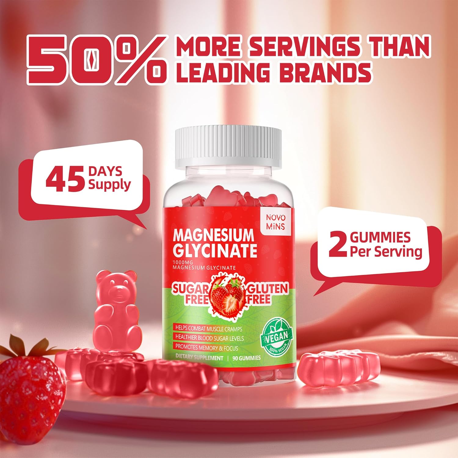 Sugar-Free Magnesium Glycinate Gummies - 90 Strawberry Gummies with Vitamin D, B6, CoQ10 for Calm Mood & Sleep Support - 1000mg, Novomins - BoostGo Australia