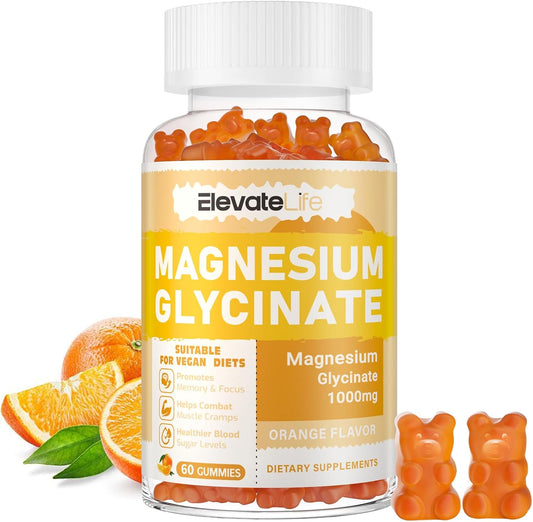 Sugar-Free Magnesium Glycinate Gummies - Potent 1000mg Supplement for Mood, Sleep, and Calm - With Vitamin D, B6, CoQ10 - 60 Orange Gummies