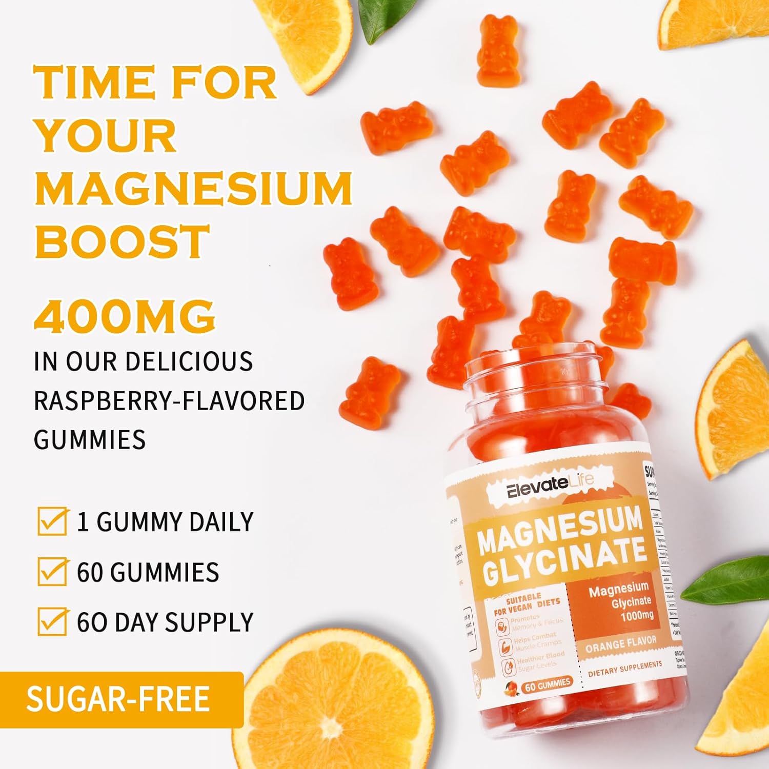 Sugar-Free Magnesium Glycinate Gummies - Potent 1000mg Supplement for Mood, Sleep, and Calm - With Vitamin D, B6, CoQ10 - 60 Orange Gummies