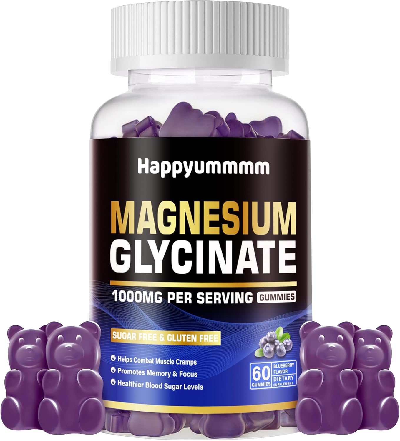 Sugar-Free Magnesium Glycinate Gummies 1000mg with Potassium, Vitamin D, B6, CoQ10 - Blueberry Gummies for Calm Mood & Sleep Support (60 Gummies)