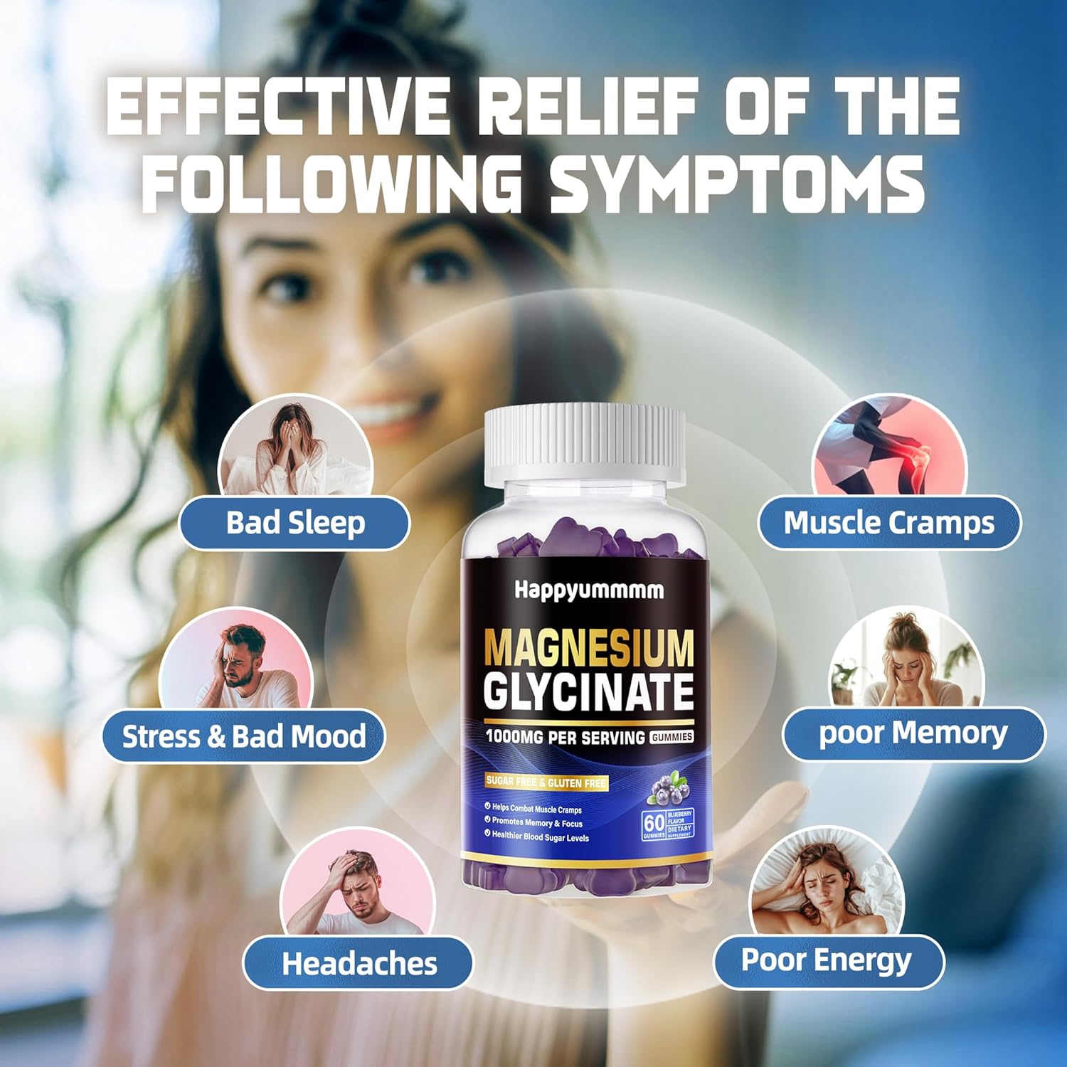 Sugar-Free Magnesium Glycinate Gummies 1000mg with Potassium, Vitamin D, B6, CoQ10 - Blueberry Gummies for Calm Mood & Sleep Support (60 Gummies)