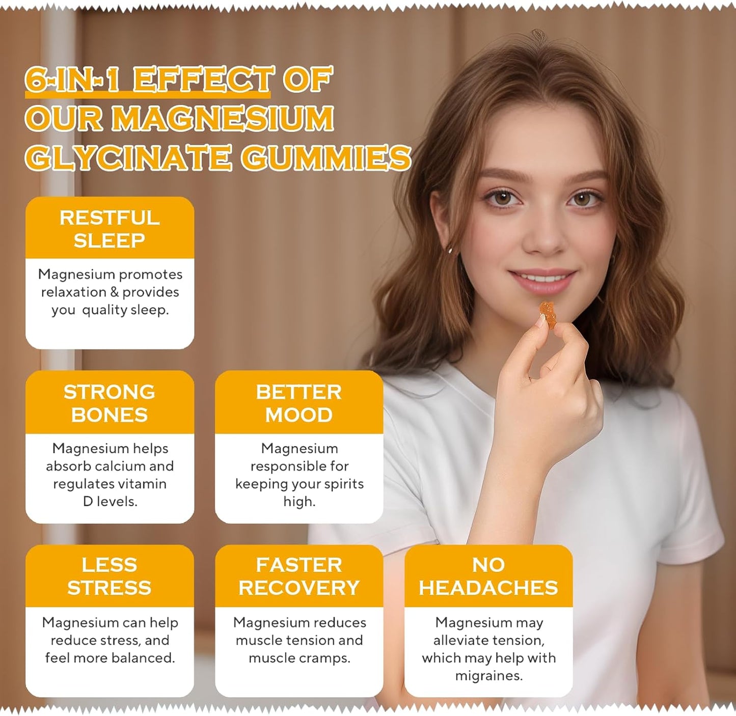 Sugar-Free Magnesium Glycinate Gummies 1000mg with Vitamin D, B6, CoQ10 - Calm Mood & Sleep Support - 120 Orange Gummies