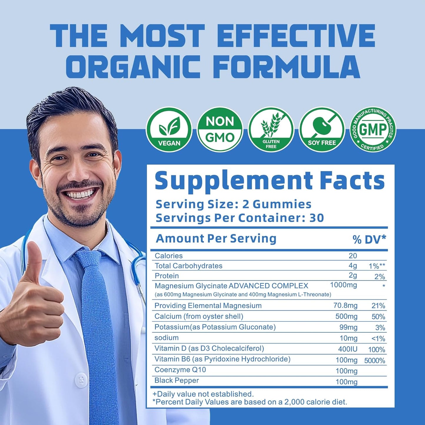 Sugar-Free Magnesium Glycinate Gummies 1000mg with Potassium, Vitamin D, B6, CoQ10 - Blueberry Gummies for Calm Mood & Sleep Support (60 Gummies)