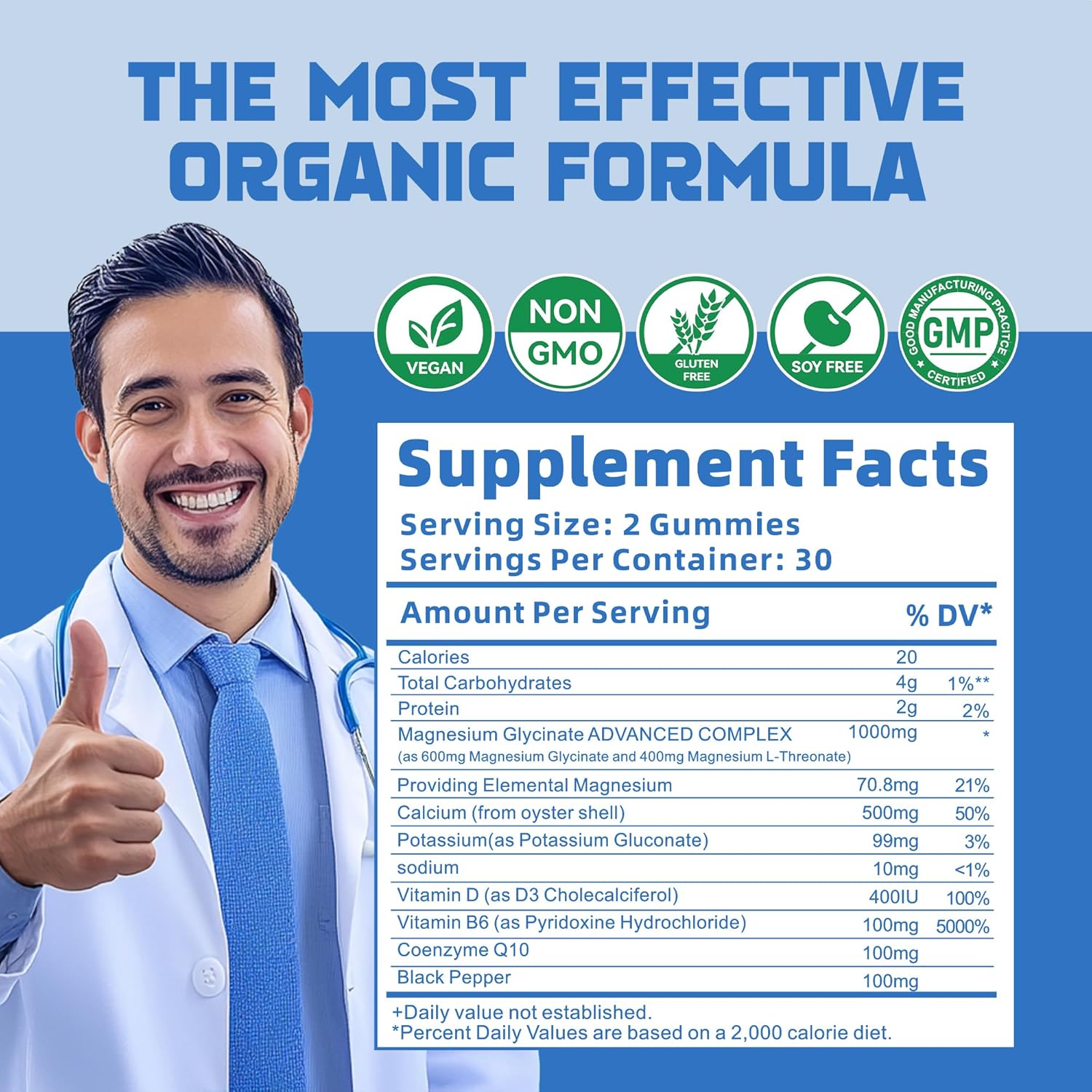 Sugar-Free Magnesium Glycinate Gummies 1000mg with Potassium, Vitamin D, B6, CoQ10 - Blueberry Gummies for Calm Mood & Sleep Support (60 Gummies)