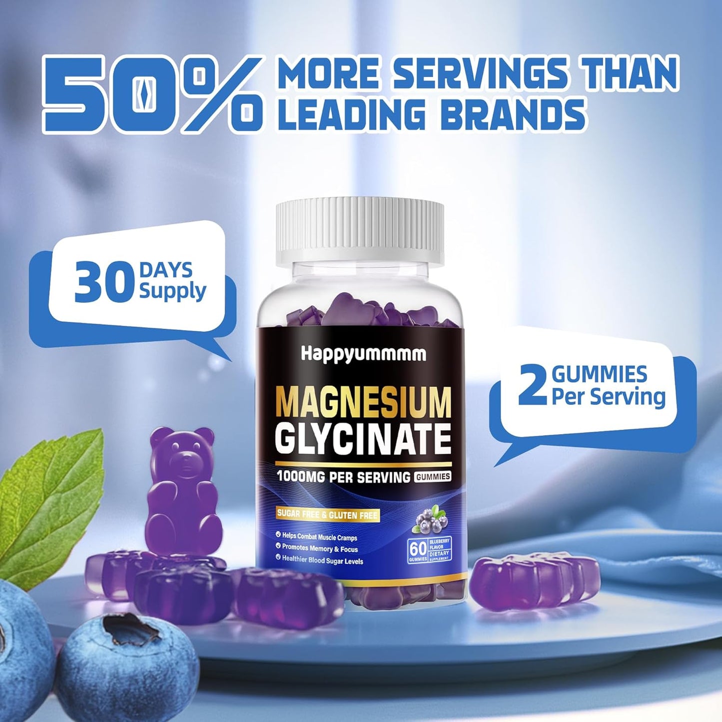 Sugar-Free Magnesium Glycinate Gummies 1000mg with Potassium, Vitamin D, B6, CoQ10 - Blueberry Gummies for Calm Mood & Sleep Support (60 Gummies)