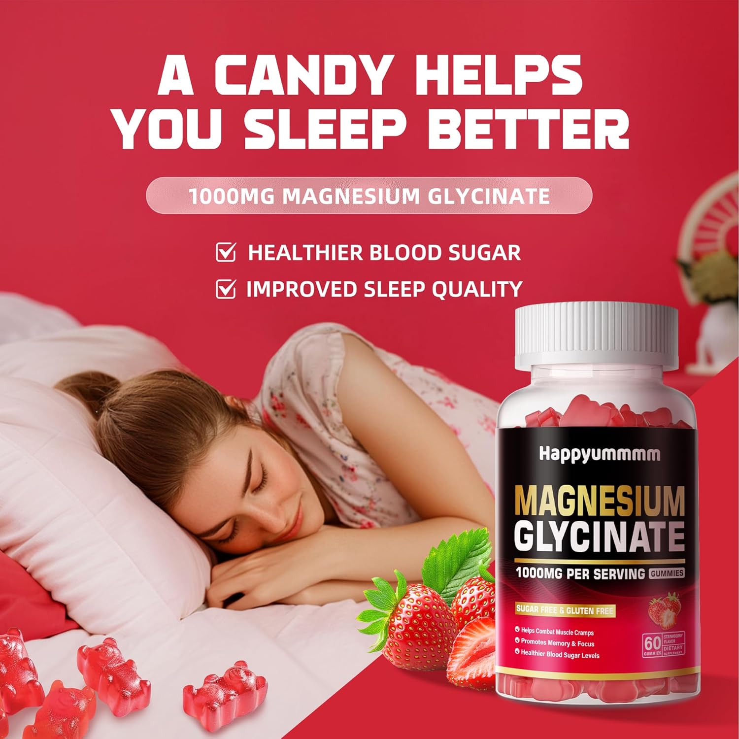 Sugar-Free Magnesium Glycinate Gummies 1000mg with Vitamin D, B6, and CoQ10 - Calm Mood & Sleep Support - 120 Strawberry Gummies