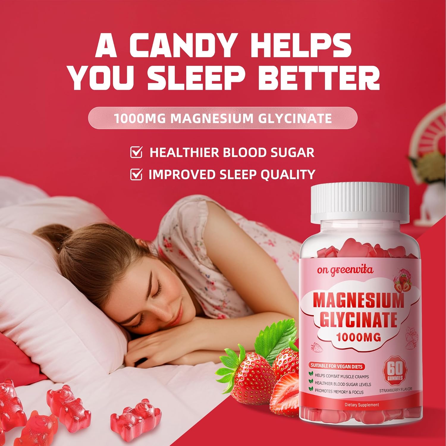 Sugar-Free Magnesium Glycinate Gummies 1000mg with Vitamin D, B6, CoQ10 - Calm Mood & Sleep Support - 240 Strawberry Gummies