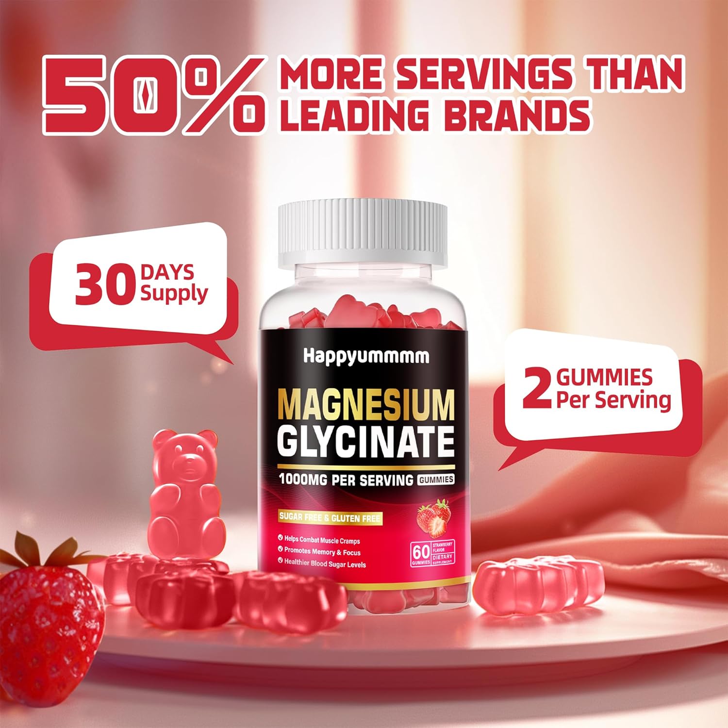 Sugar-Free Magnesium Glycinate Gummies 1000mg with Vitamin D, B6, and CoQ10 - Calm Mood & Sleep Support - 120 Strawberry Gummies