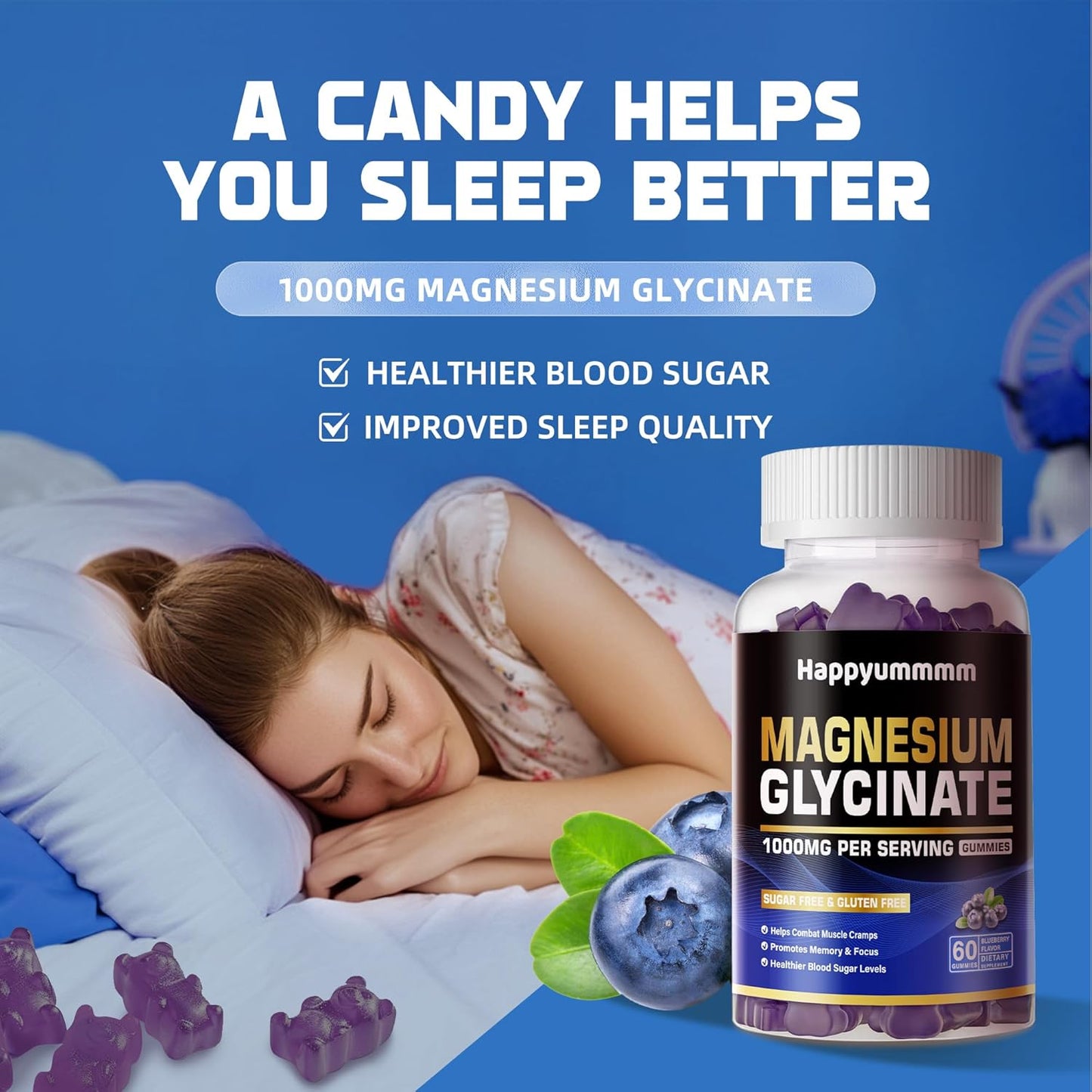 Sugar-Free Magnesium Glycinate Gummies 1000mg with Potassium, Vitamin D, B6, CoQ10 - Blueberry Gummies for Calm Mood & Sleep Support (60 Gummies)