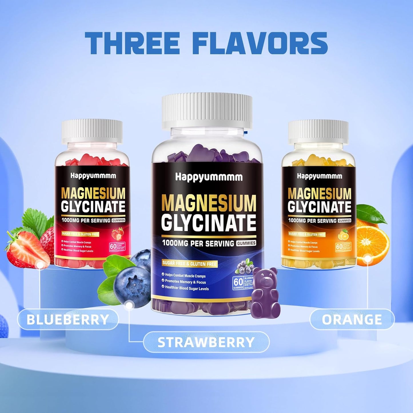 Sugar-Free Magnesium Glycinate Gummies 1000mg with Potassium, Vitamin D, B6, CoQ10 - Blueberry Gummies for Calm Mood & Sleep Support (60 Gummies)