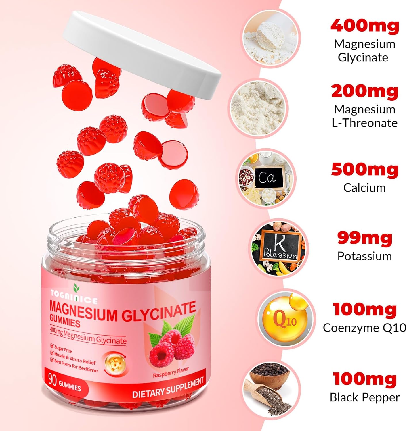 Sugar-Free Magnesium Glycinate Gummies 400mg for Adults & Kids - 90 Count - Potassium Magnesium Supplement for Men & Women