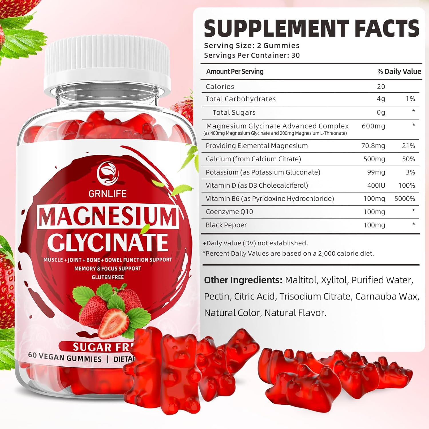 Sugar-Free Magnesium Glycinate Gummies 600MG for Adults and Kids - Vitamin D, B6, CoQ10 for Mood and Energy Support - 120 Count