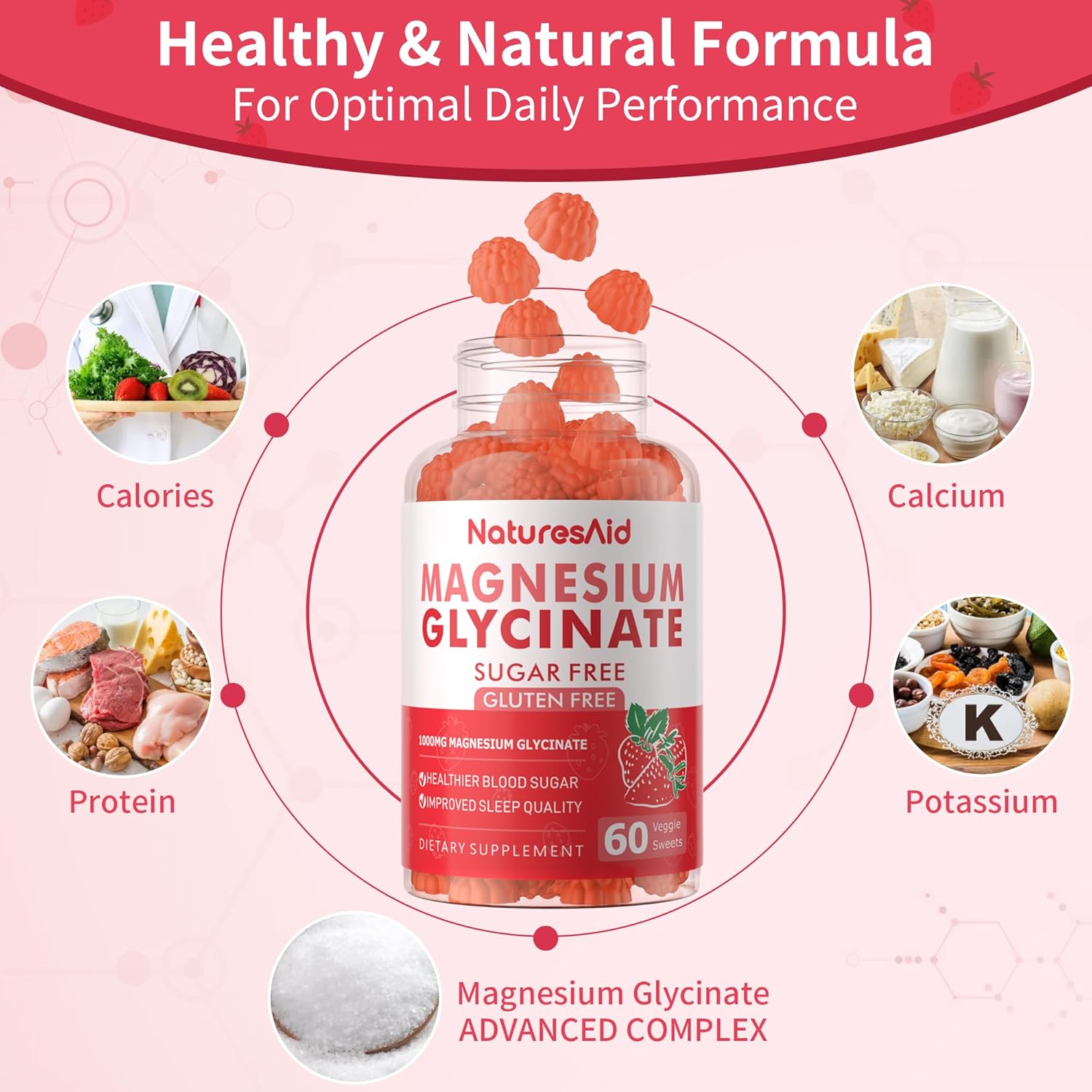 Sugar-Free Magnesium Glycinate Gummies with Essential Vitamins for Mood & Sleep Support - 240 Strawberry Gummies