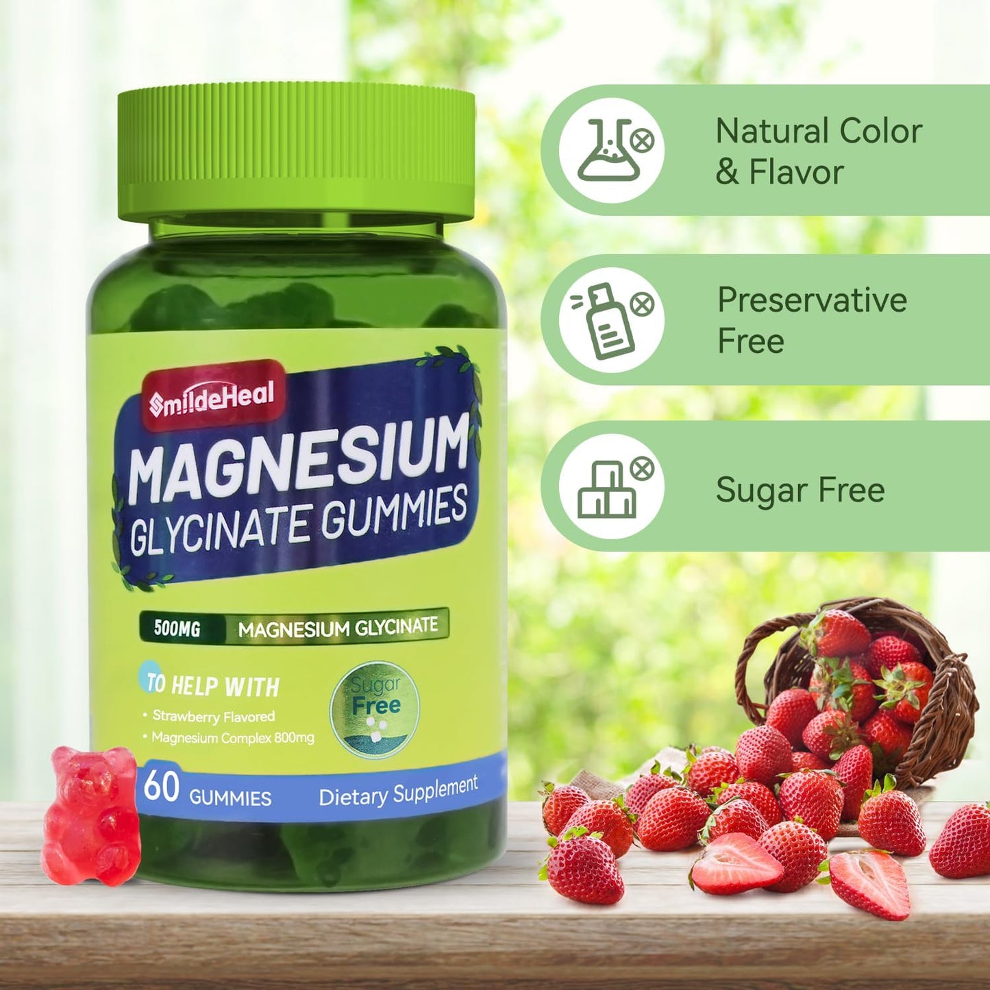 Sugar-Free Magnesium Glycinate Gummies with L-Threonate - 500mg Magnesium Potassium Supplement with Vitamin D, B6, CoQ10 - Strawberry Flavor - 120 Gummies