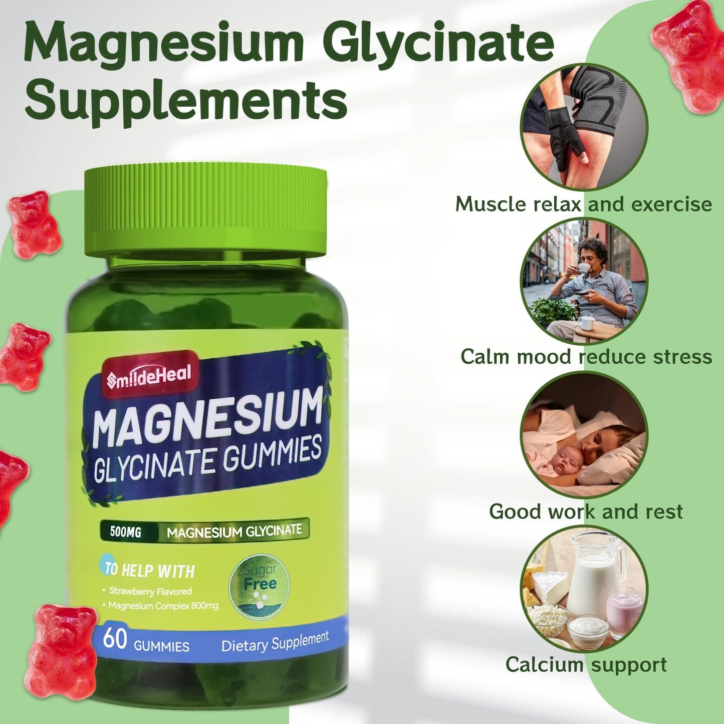 Sugar-Free Magnesium Glycinate Gummies with L-Threonate - 500mg Magnesium Potassium Supplement with Vitamin D, B6, CoQ10 - Strawberry Flavor - 120 Gummies