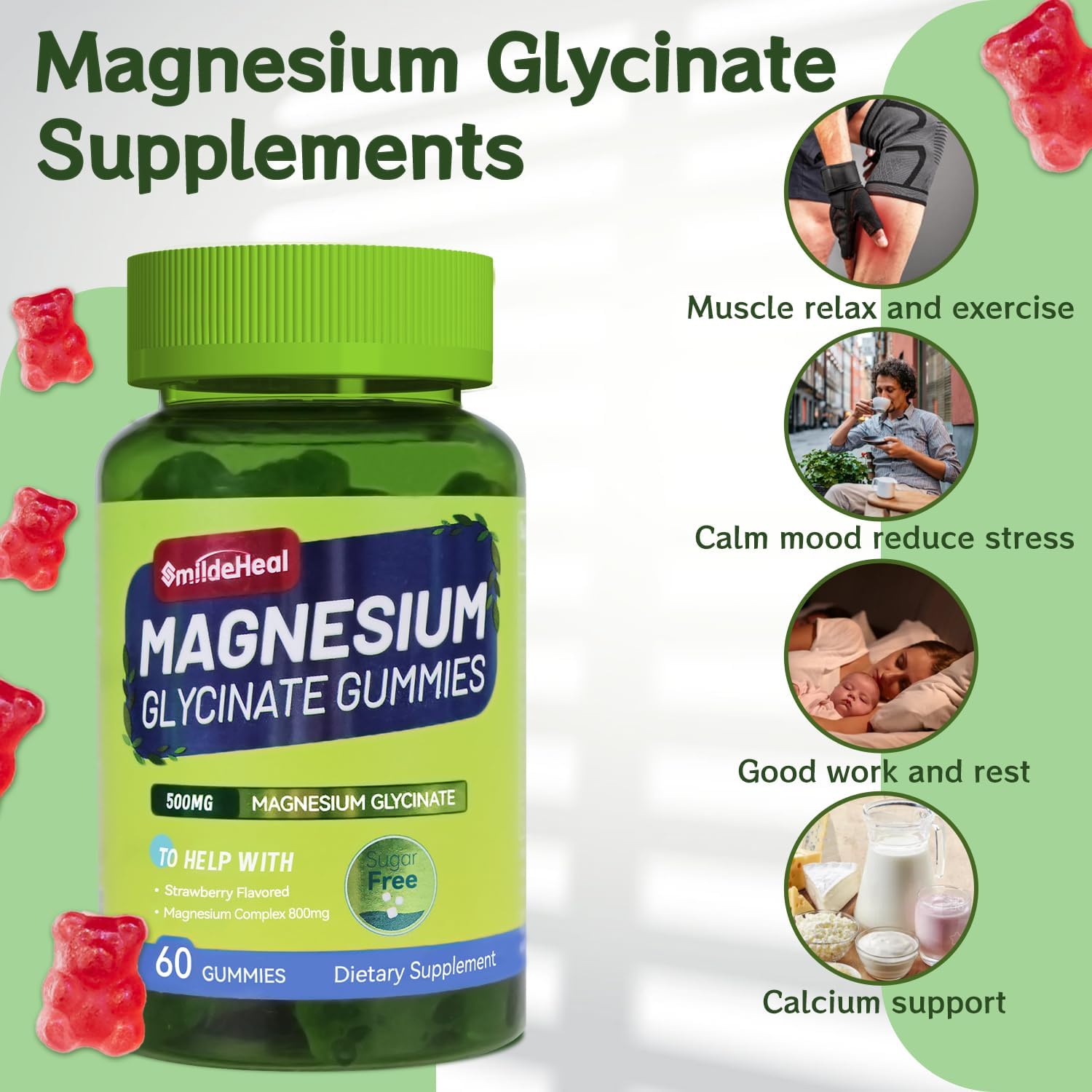 Sugar-Free Magnesium Glycinate Gummies with L-Threonate - 500mg Magnesium Potassium Supplement with Vitamin D, B6, CoQ10 - Strawberry Flavor - 120 Gummies