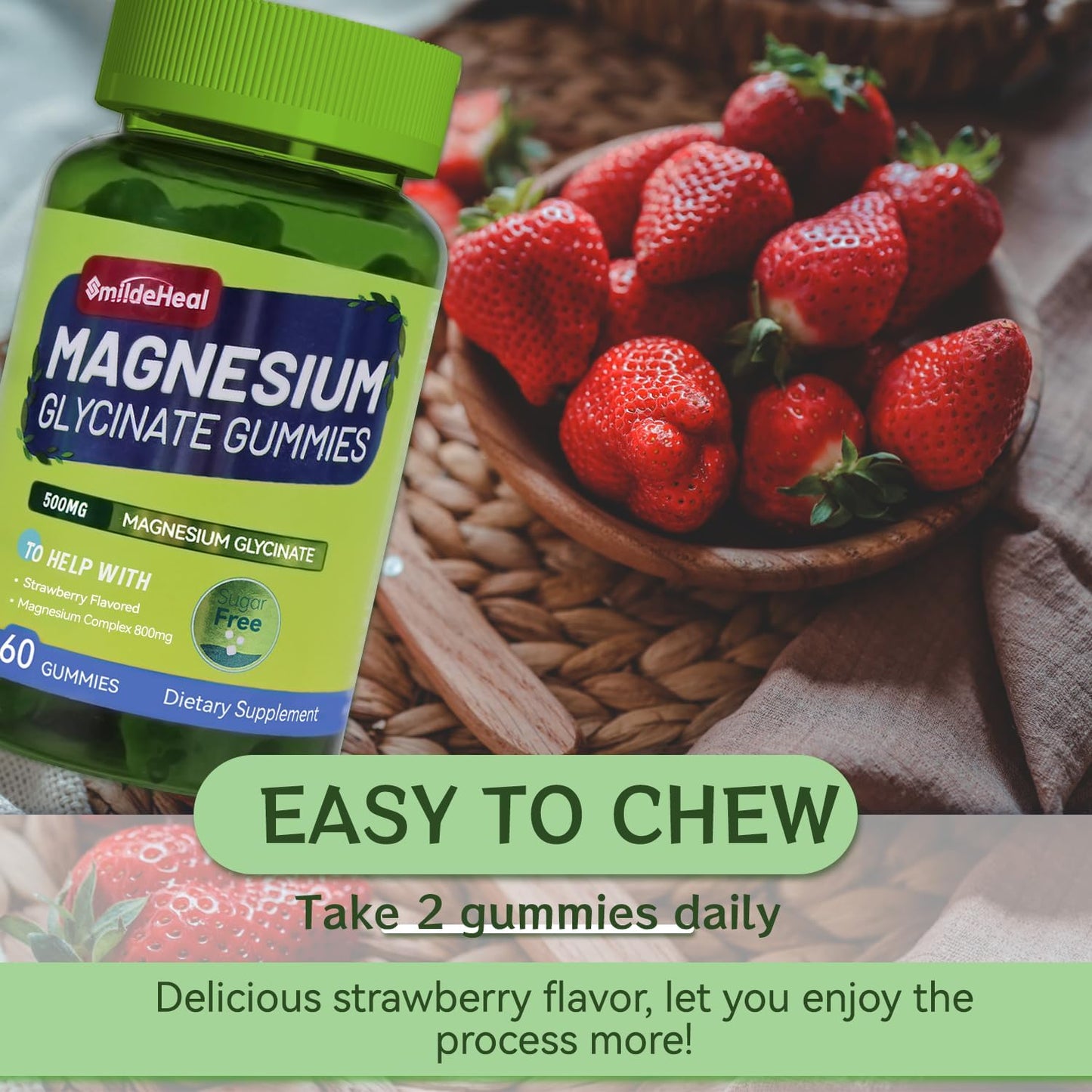 Sugar-Free Magnesium Glycinate Gummies with L-Threonate - 500mg Magnesium Potassium Supplement with Vitamin D, B6, CoQ10 - Strawberry Flavor - 120 Gummies