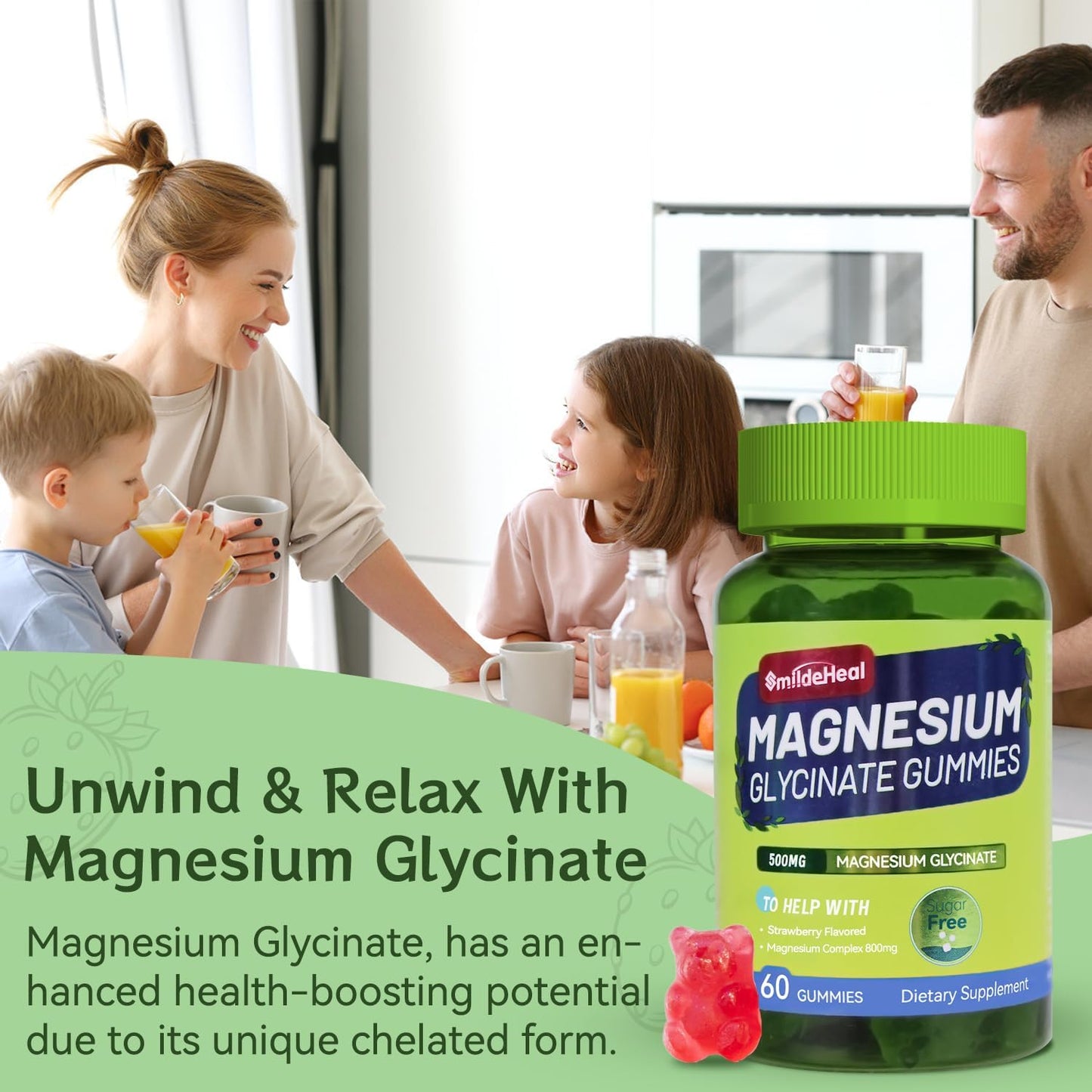 Sugar-Free Magnesium Glycinate Gummies with L-Threonate - 500mg Magnesium Potassium Supplement with Vitamin D, B6, CoQ10 - Strawberry Flavor - 120 Gummies