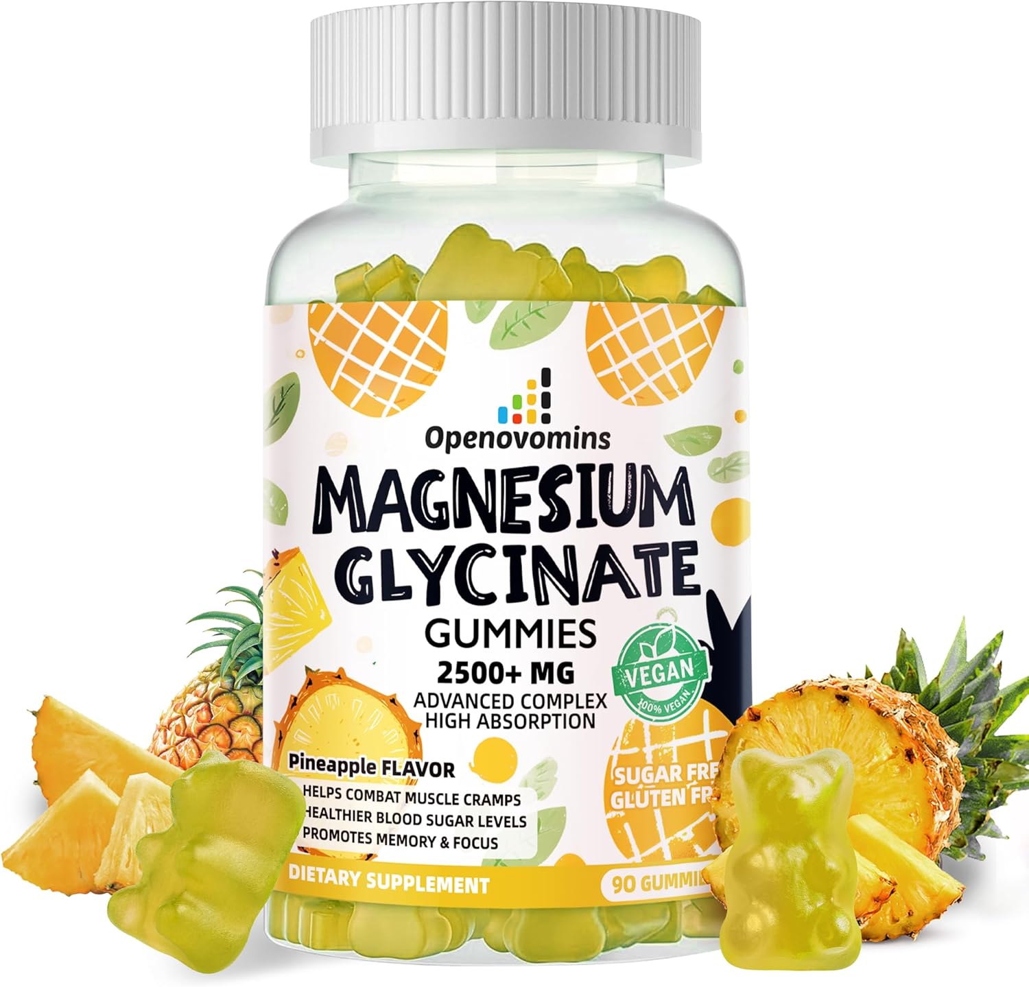 Sugar-Free Magnesium Glycinate Gummies with Potassium, Vitamin D, B6, CoQ10 - 2500mg for Calm Mood & Sleep - 90 Pineapple Gummies