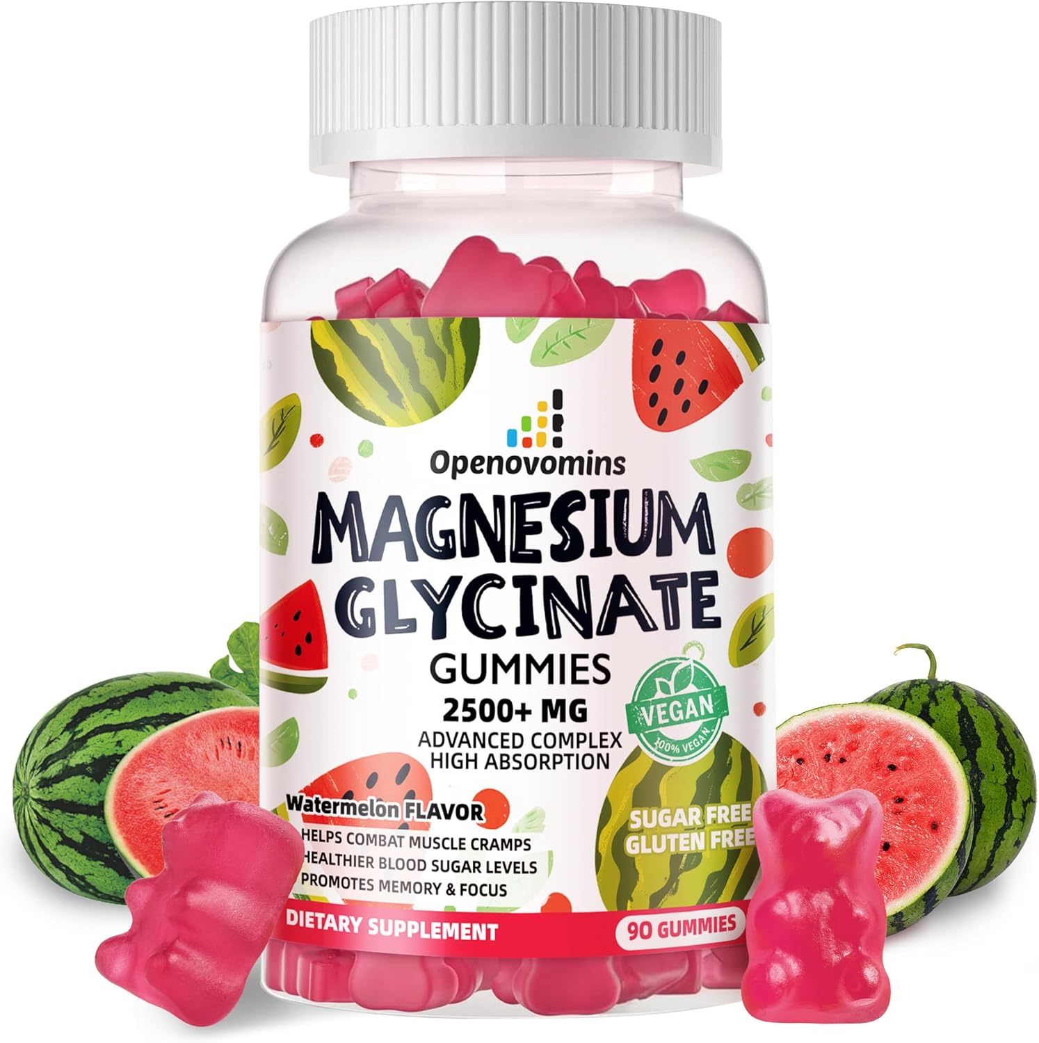 Sugar-Free Magnesium Glycinate Gummies with Potassium & Vitamins for Calm Mood & Sleep - 90 Watermelon Gummies - 2500mg