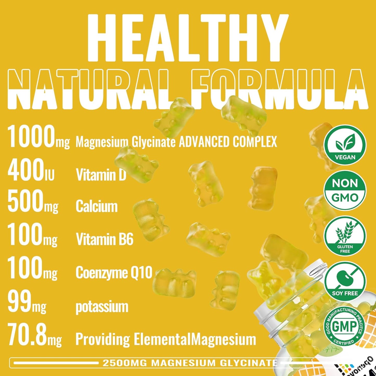 Sugar-Free Magnesium Glycinate Gummies with Potassium, Vitamin D, B6, CoQ10 - 2500mg for Calm Mood & Sleep - 90 Pineapple Gummies