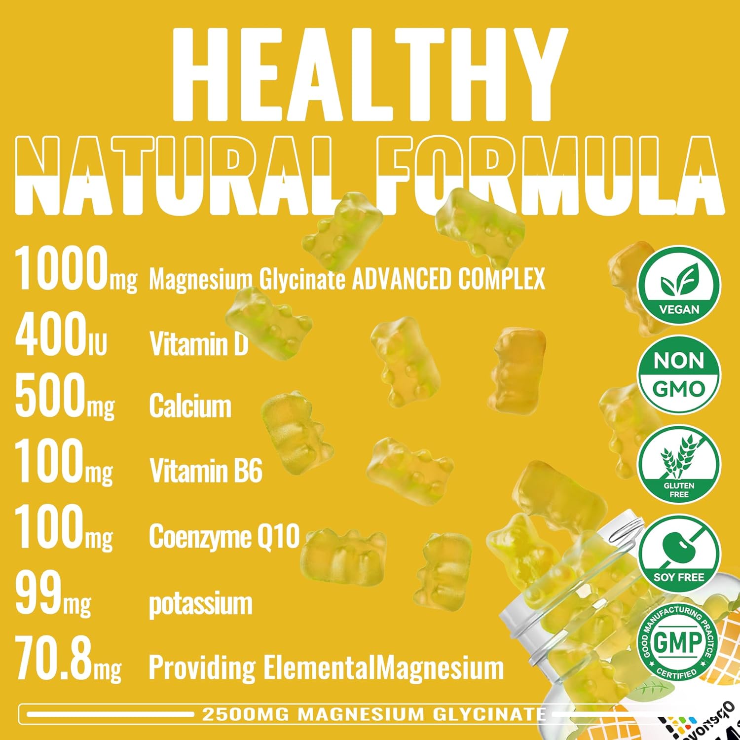 Sugar-Free Magnesium Glycinate Gummies with Potassium, Vitamin D, B6, CoQ10 - 2500mg for Calm Mood & Sleep - 90 Pineapple Gummies