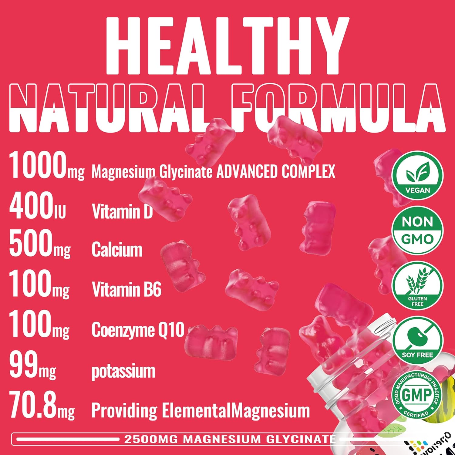 Sugar-Free Magnesium Glycinate Gummies with Potassium & Vitamins for Calm Mood & Sleep - 90 Watermelon Gummies - 2500mg
