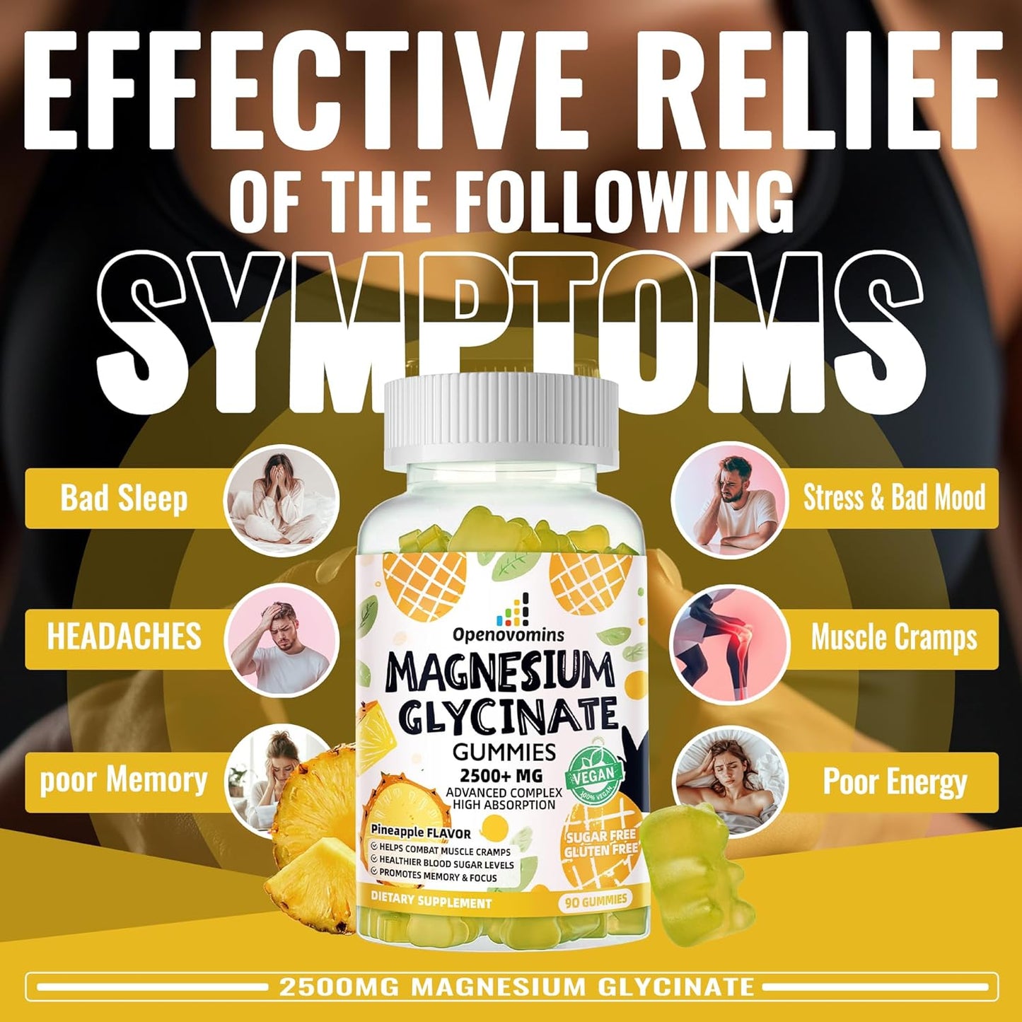 Sugar-Free Magnesium Glycinate Gummies with Potassium, Vitamin D, B6, CoQ10 - 2500mg for Calm Mood & Sleep - 90 Pineapple Gummies