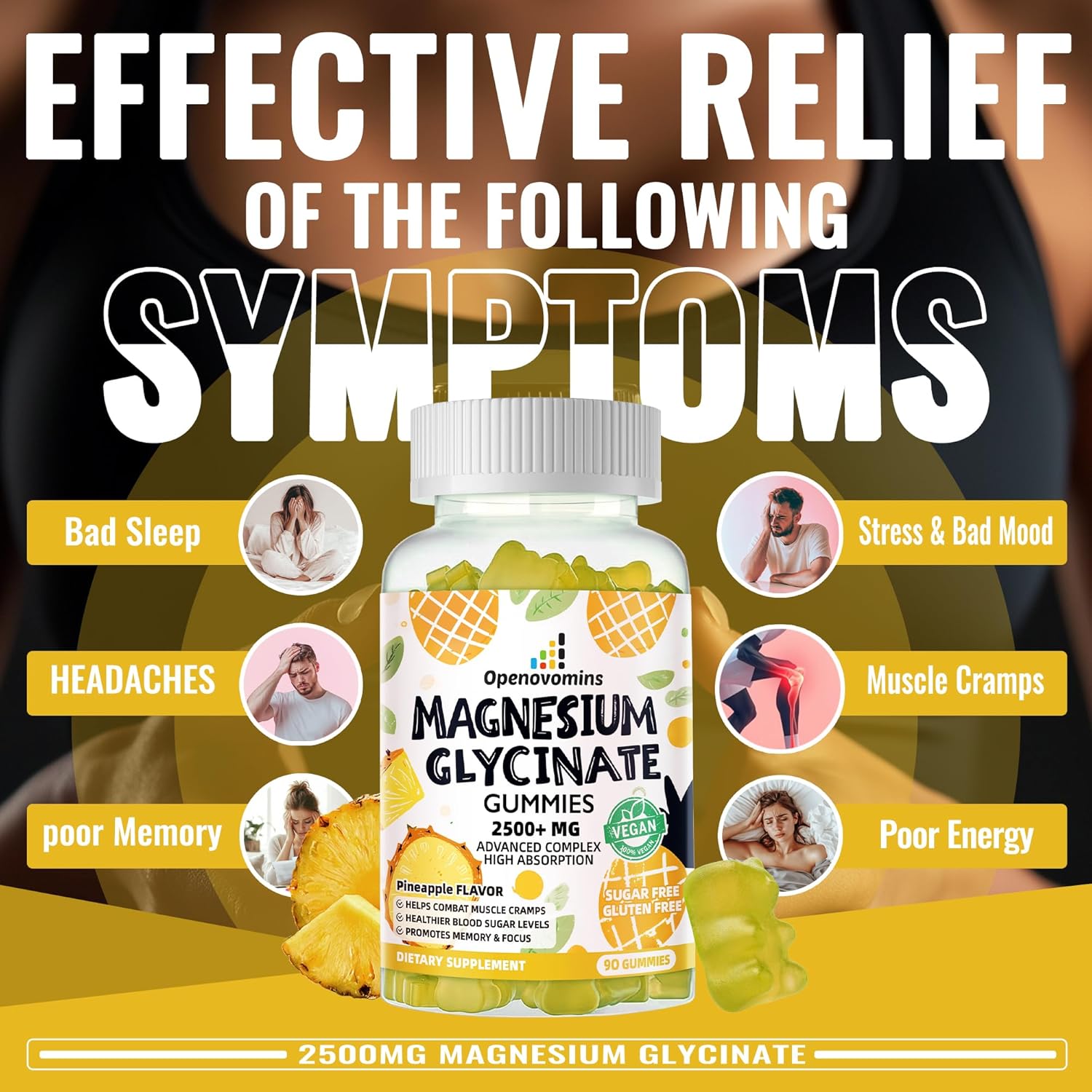 Sugar-Free Magnesium Glycinate Gummies with Potassium, Vitamin D, B6, CoQ10 - 2500mg for Calm Mood & Sleep - 90 Pineapple Gummies