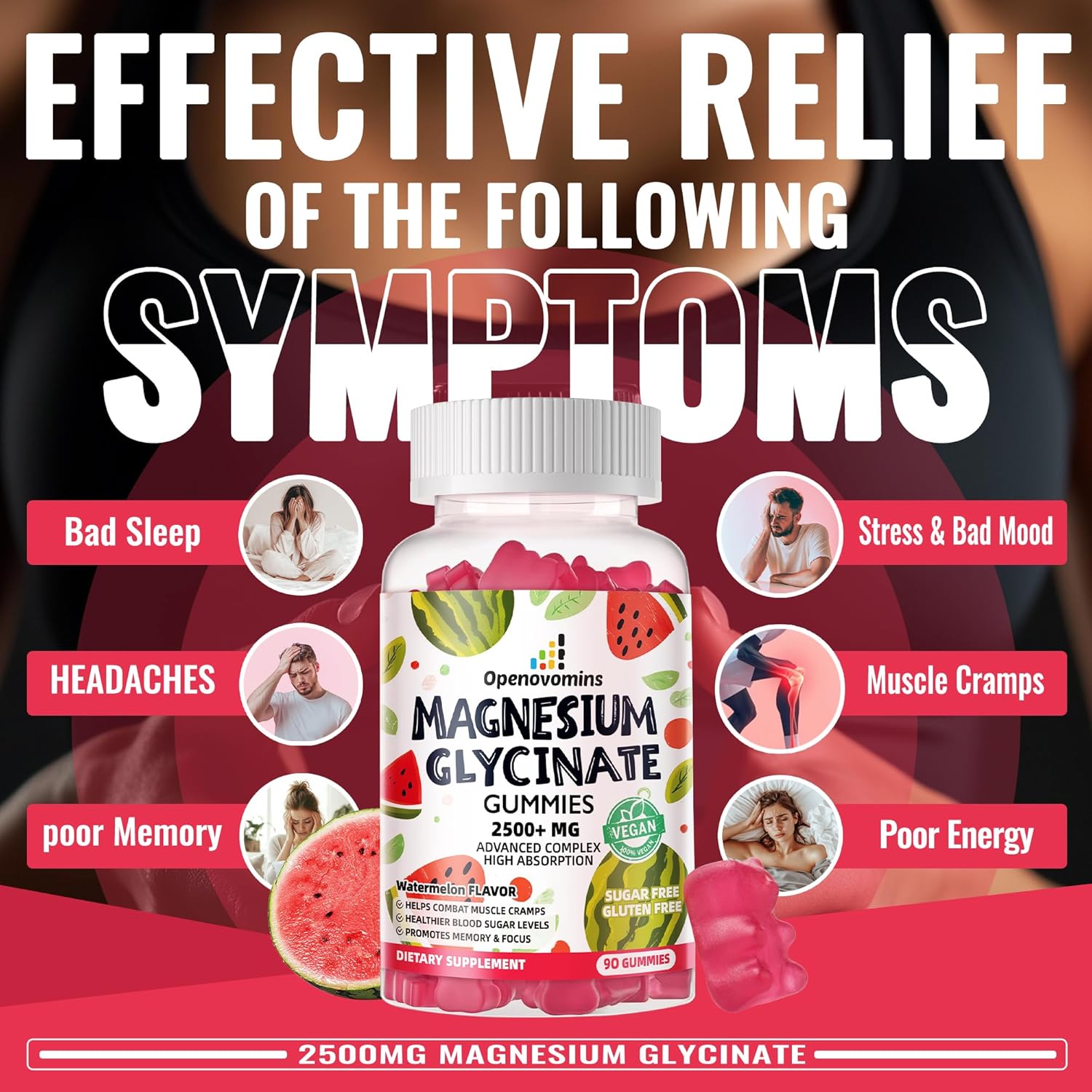Sugar-Free Magnesium Glycinate Gummies with Potassium & Vitamins for Calm Mood & Sleep - 90 Watermelon Gummies - 2500mg