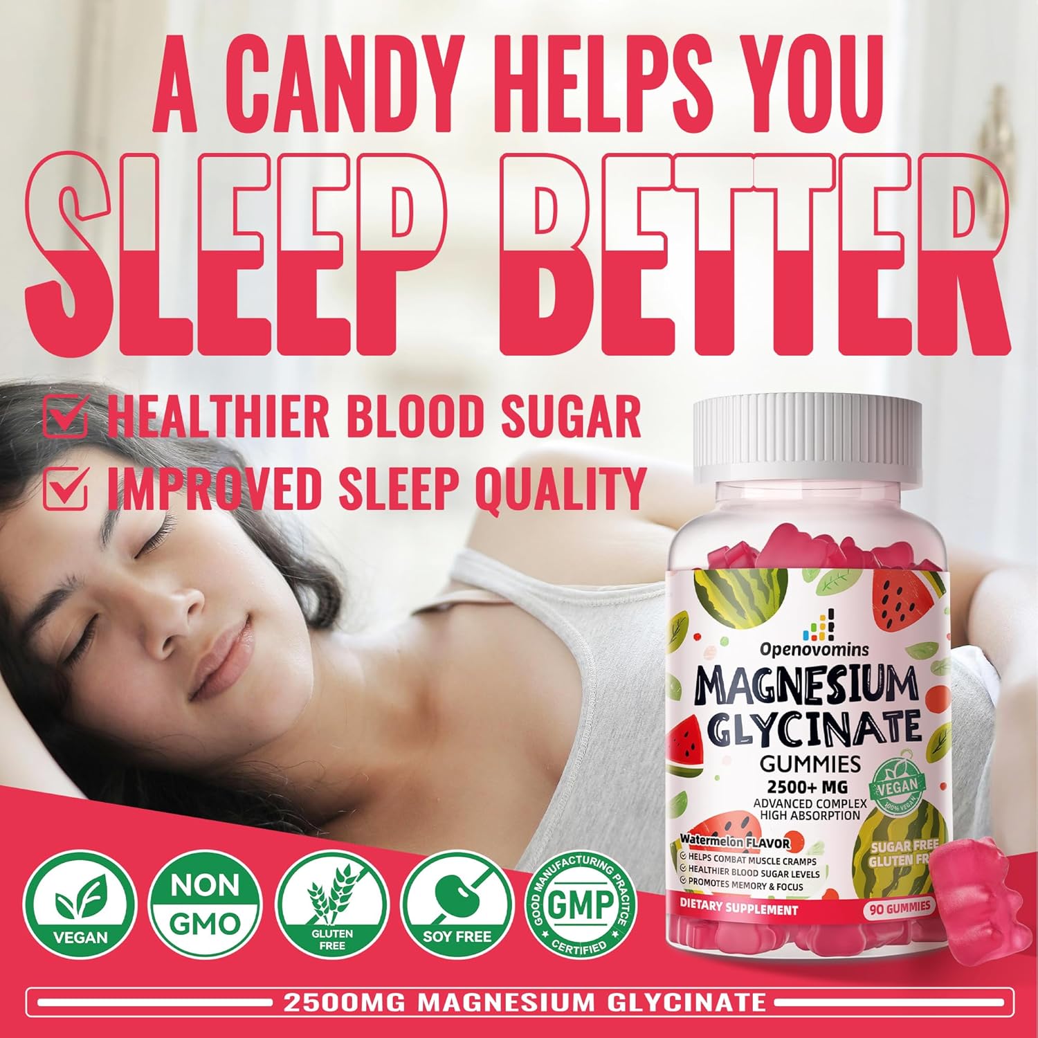 Sugar-Free Magnesium Glycinate Gummies with Potassium & Vitamins for Calm Mood & Sleep - 90 Watermelon Gummies - 2500mg