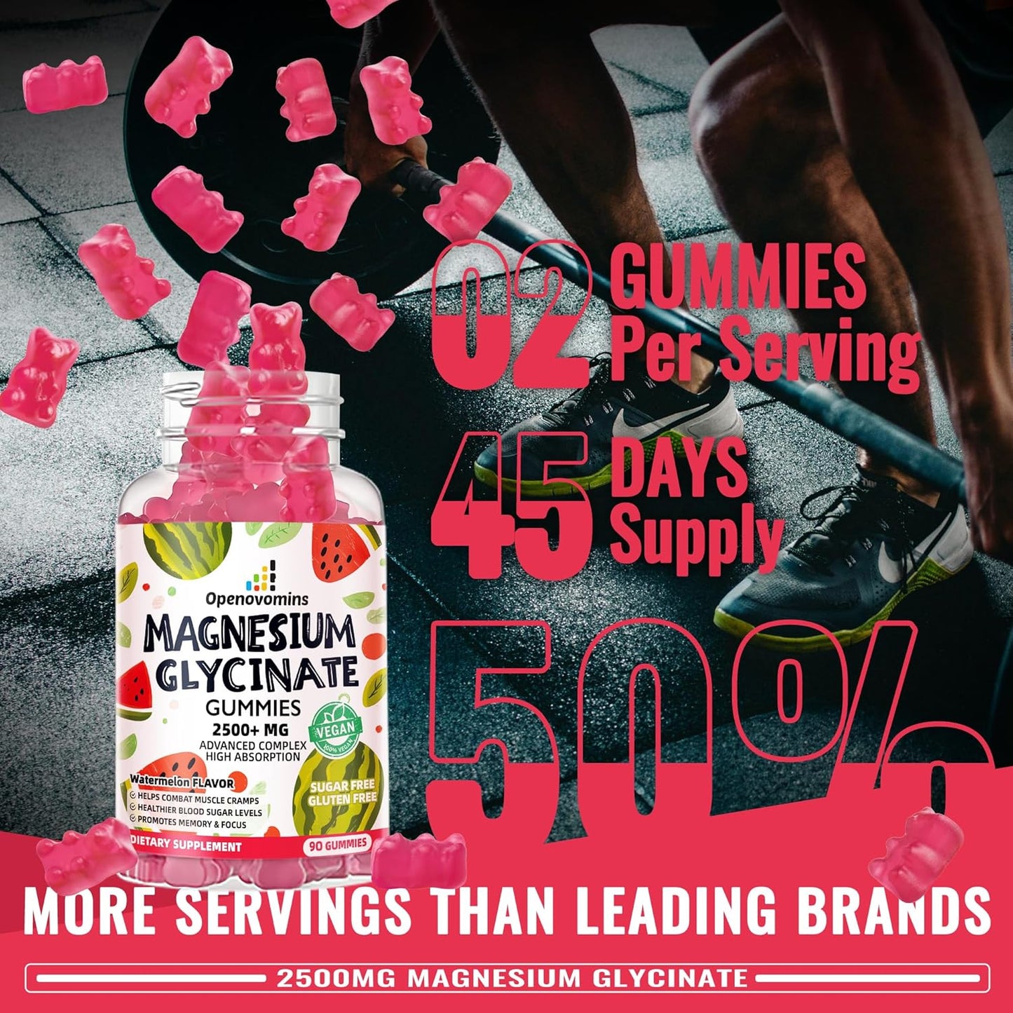 Sugar-Free Magnesium Glycinate Gummies with Potassium & Vitamins for Calm Mood & Sleep - 90 Watermelon Gummies - 2500mg