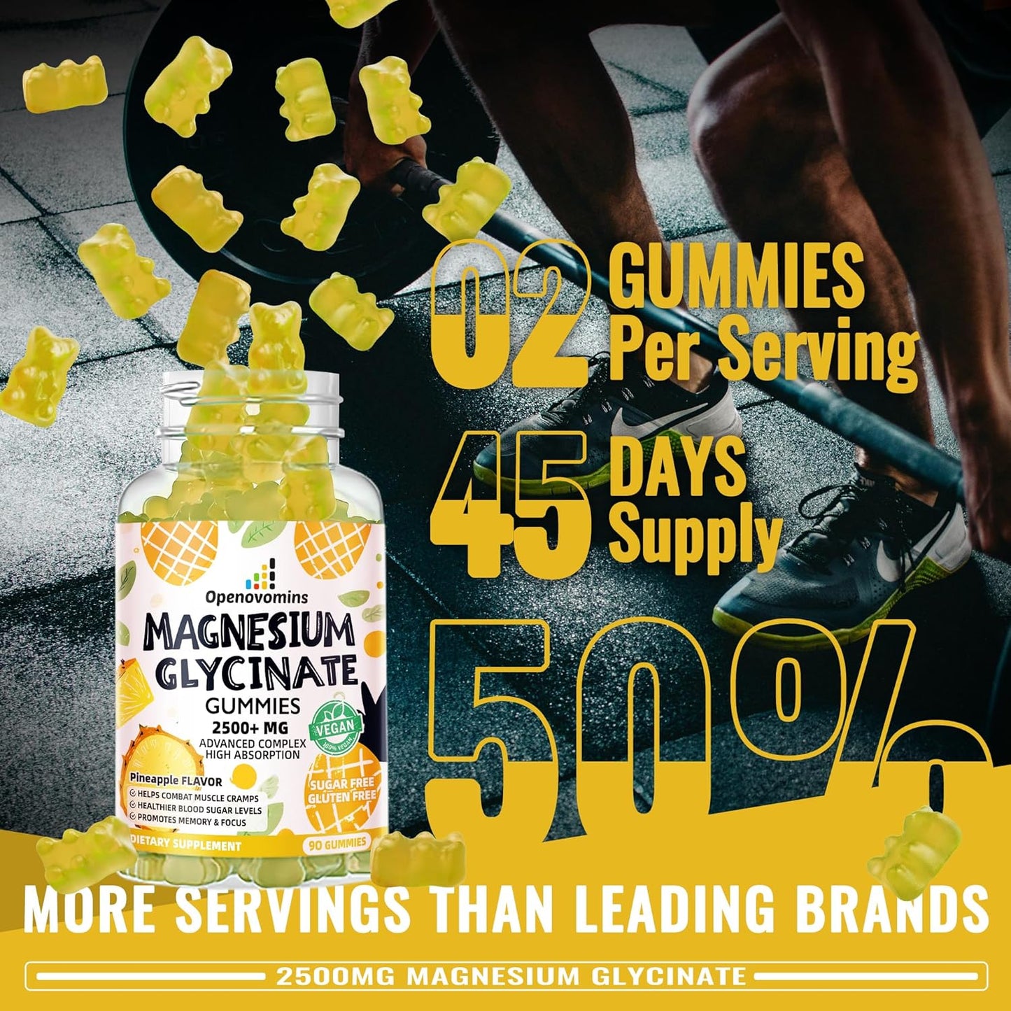 Sugar-Free Magnesium Glycinate Gummies with Potassium, Vitamin D, B6, CoQ10 - 2500mg for Calm Mood & Sleep - 90 Pineapple Gummies