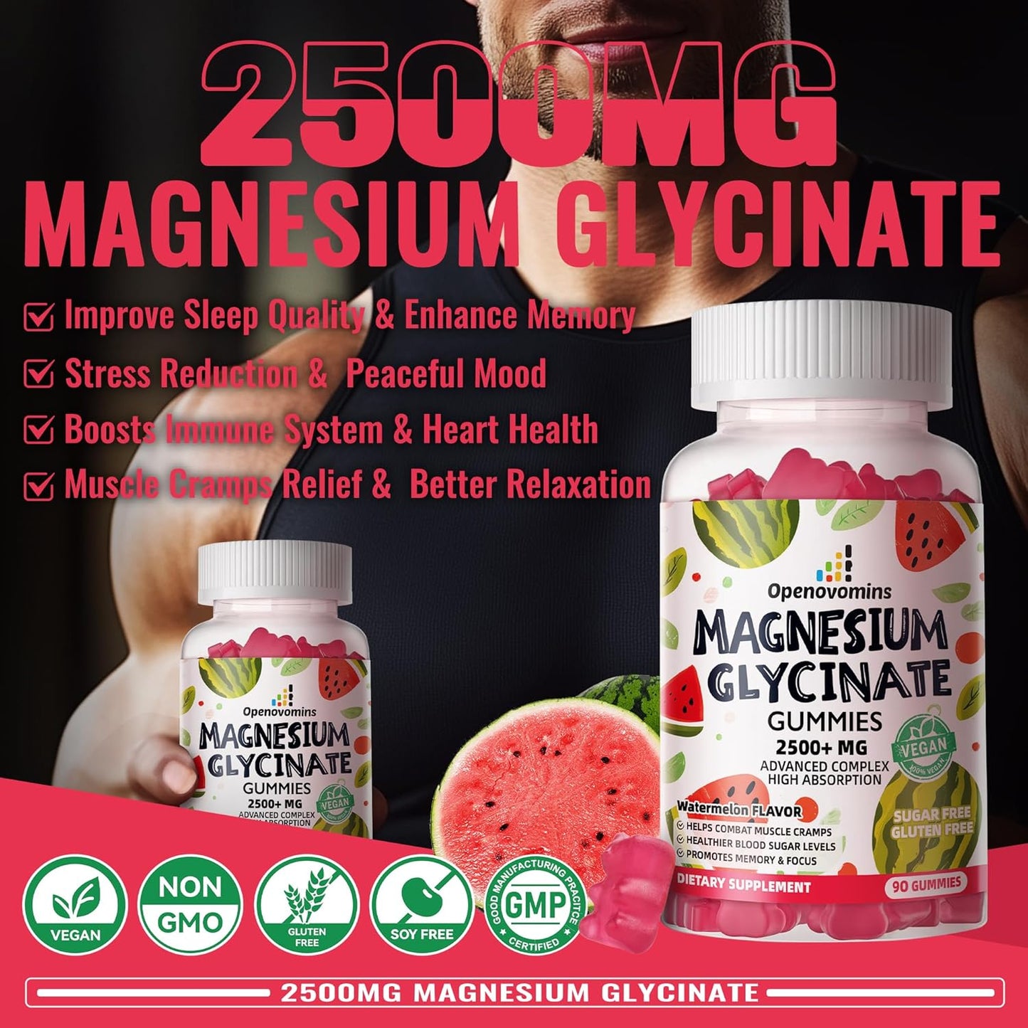 Sugar-Free Magnesium Glycinate Gummies with Potassium & Vitamins for Calm Mood & Sleep - 90 Watermelon Gummies - 2500mg