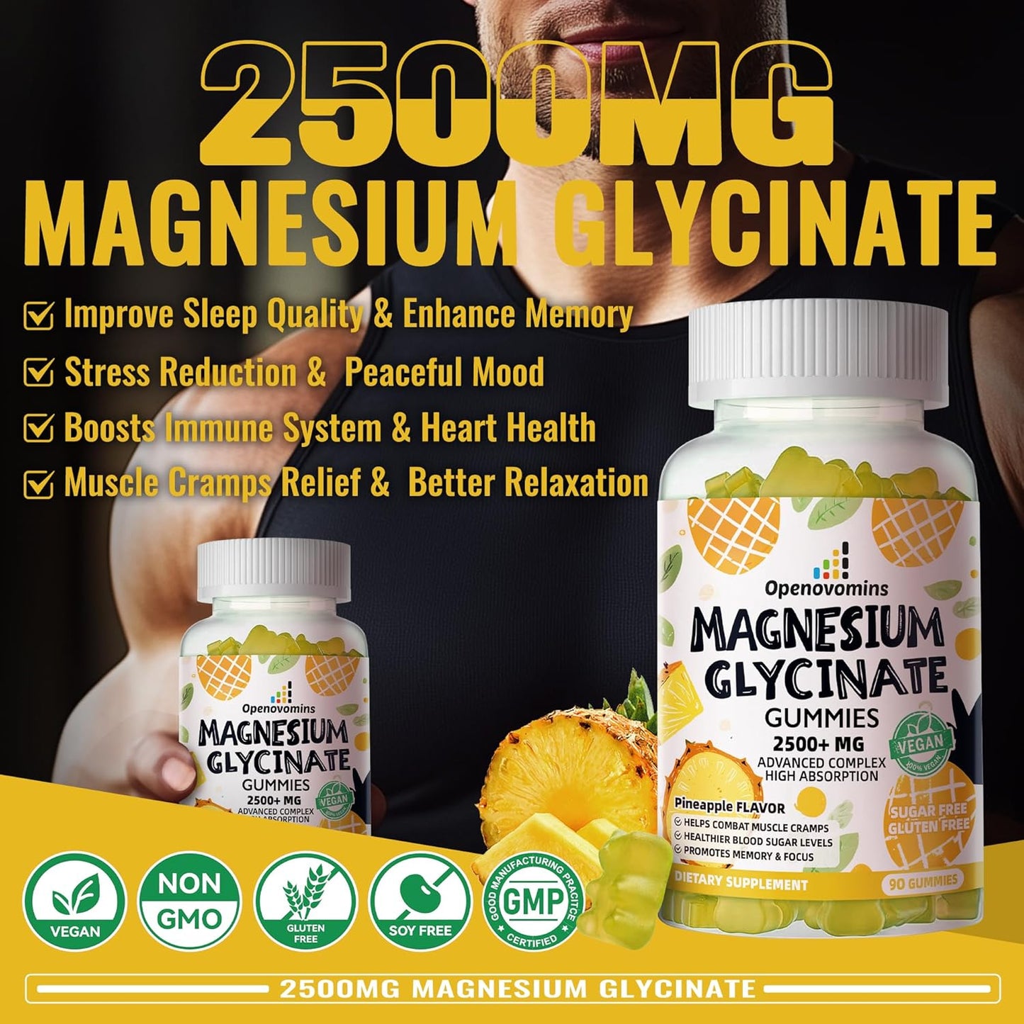 Sugar-Free Magnesium Glycinate Gummies with Potassium, Vitamin D, B6, CoQ10 - 2500mg for Calm Mood & Sleep - 90 Pineapple Gummies
