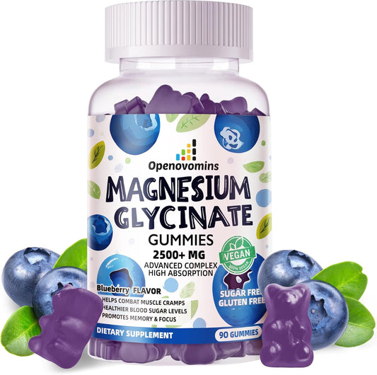 Sugar-Free Magnesium Glycinate Gummies with Vitamins for Calm Mood & Sleep Support - 90 Blueberry Gummies, 2500mg