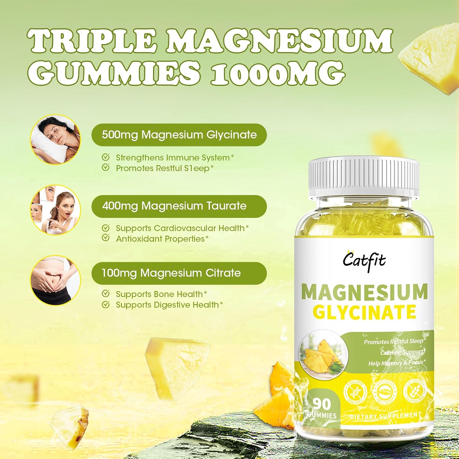 Sugar-Free Magnesium Glycinate Gummies with Vitamin D, B6, B12 - 90 Ct - Non-GMO for Adults & Kids - Supports Calmness & Sleep