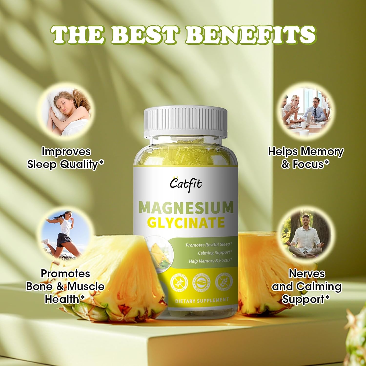 Sugar-Free Magnesium Glycinate Gummies with Vitamin D, B6, B12 - 90 Ct - Non-GMO for Adults & Kids - Supports Calmness & Sleep