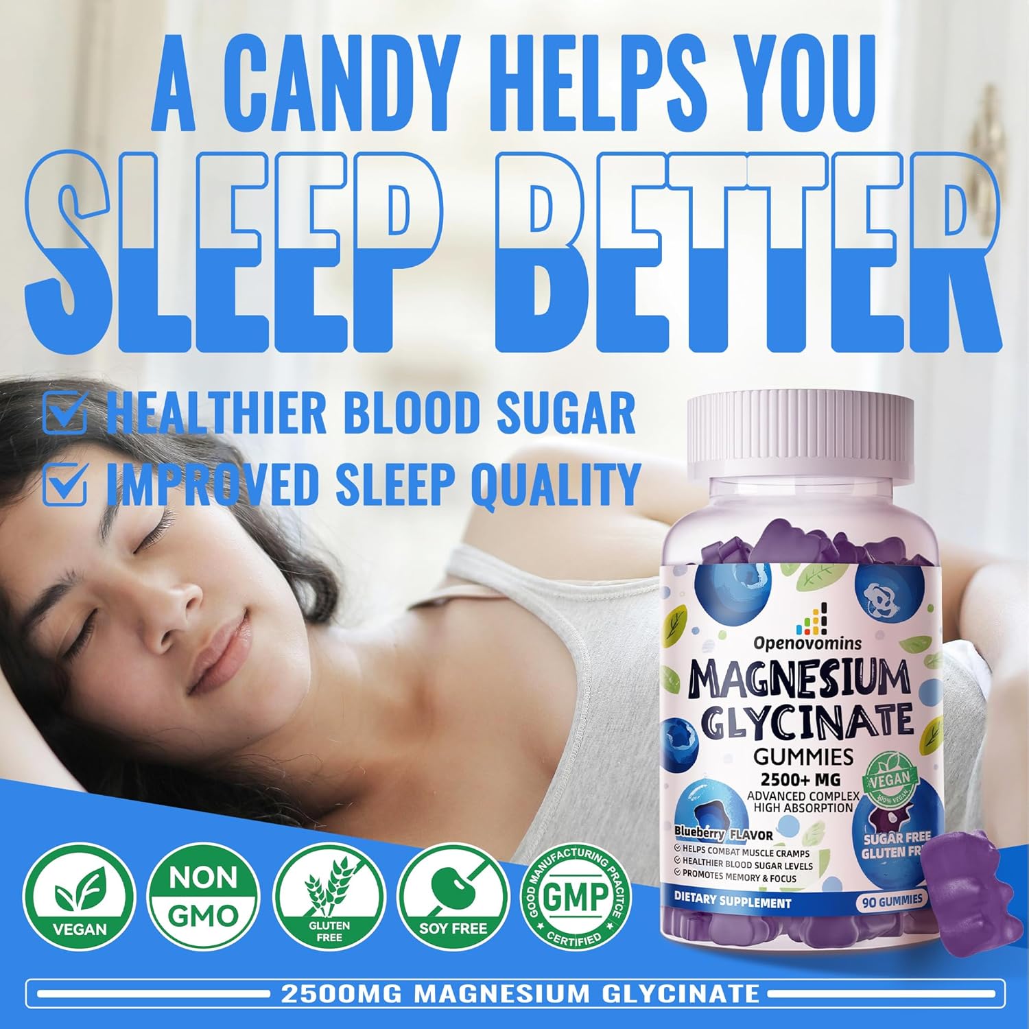 Sugar-Free Magnesium Glycinate Gummies with Vitamins for Calm Mood & Sleep Support - 90 Blueberry Gummies, 2500mg
