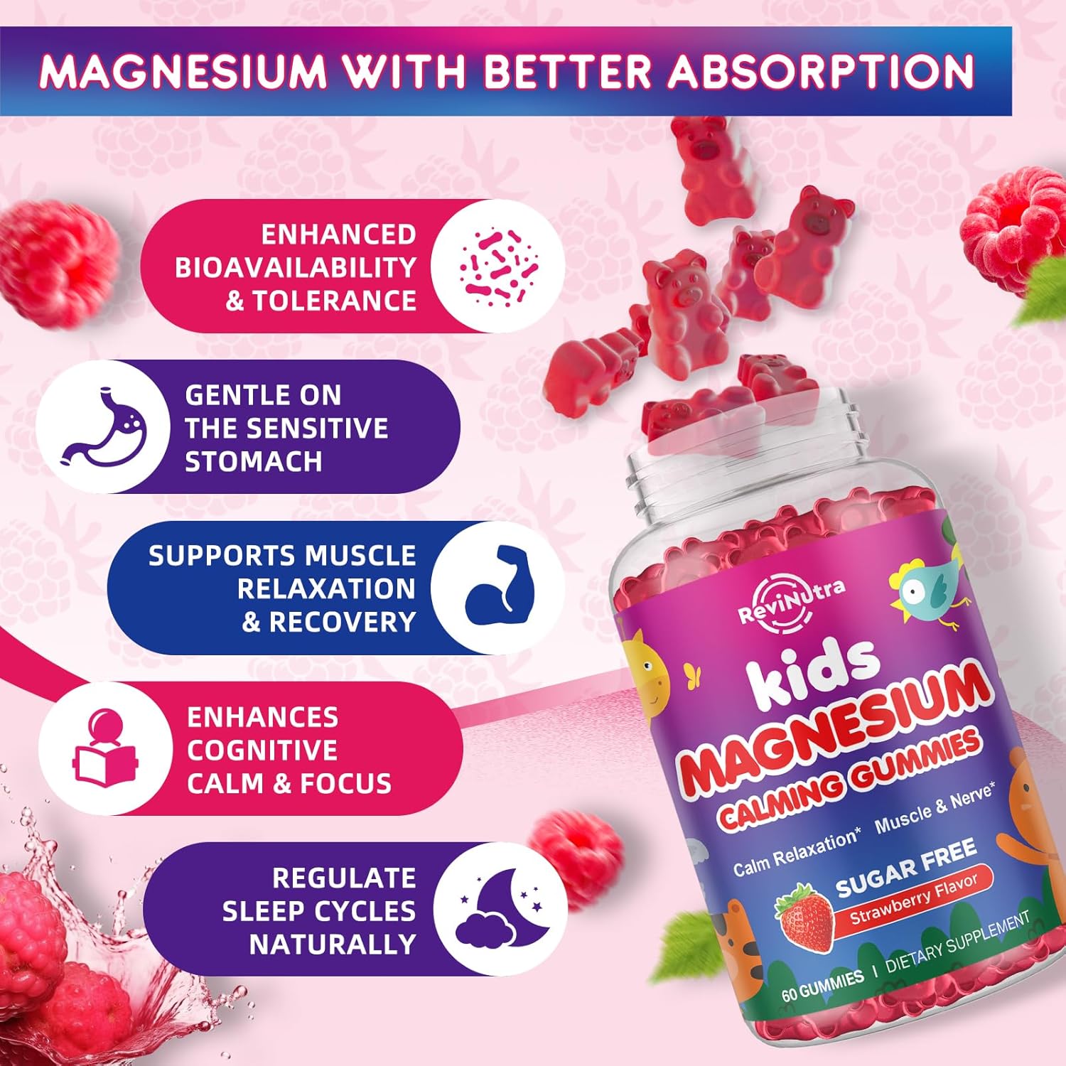 Sugar-Free Magnesium Gummies for Kids & Adults with L-Theanine and Vitamin D - 60ct