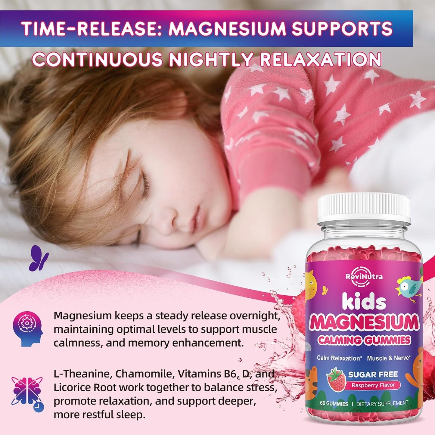 Sugar-Free Magnesium Gummies for Kids & Adults with L-Theanine and Vitamin D - 60ct