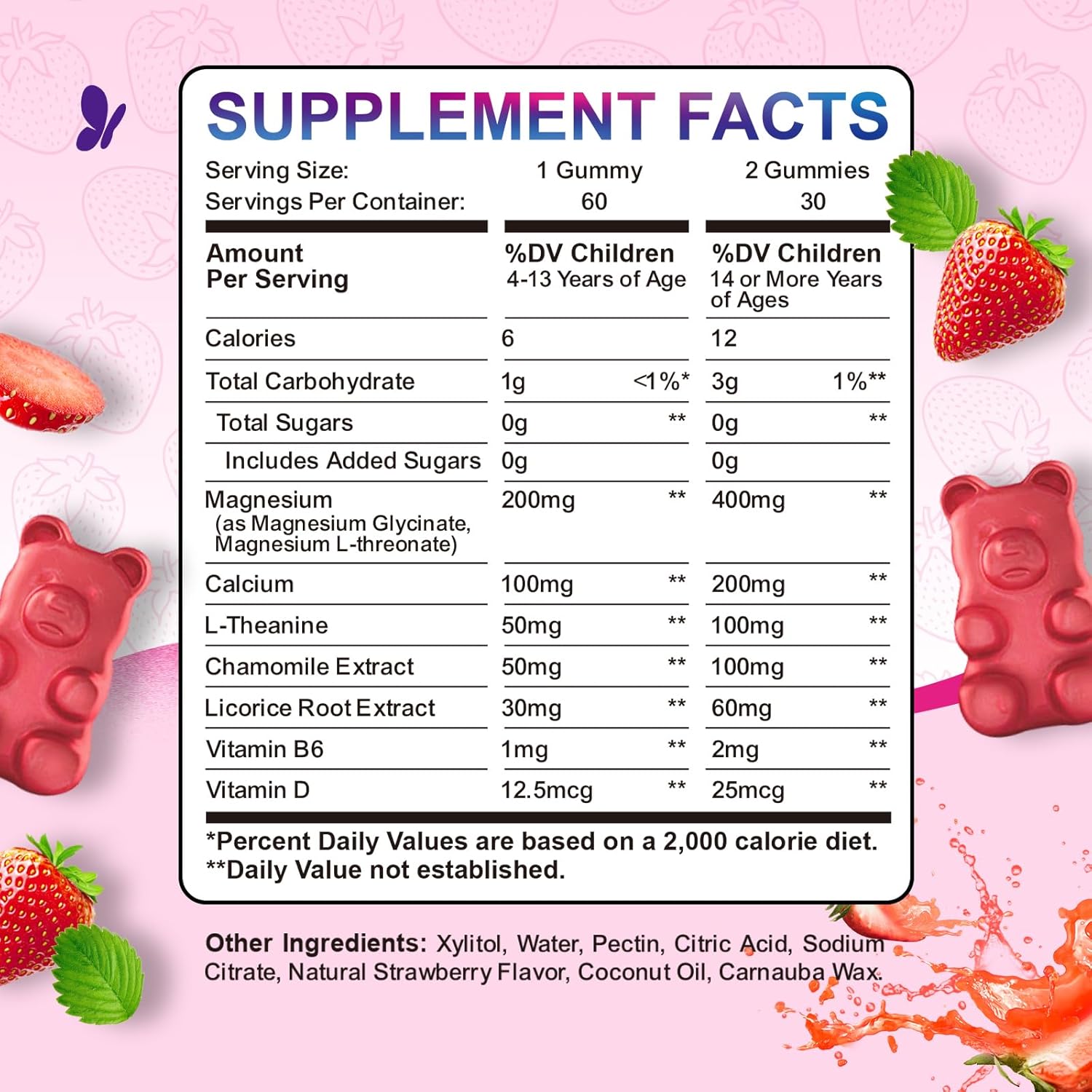 Sugar-Free Magnesium Gummies with L-Theanine & Chamomile for Kids & Adults - 60ct