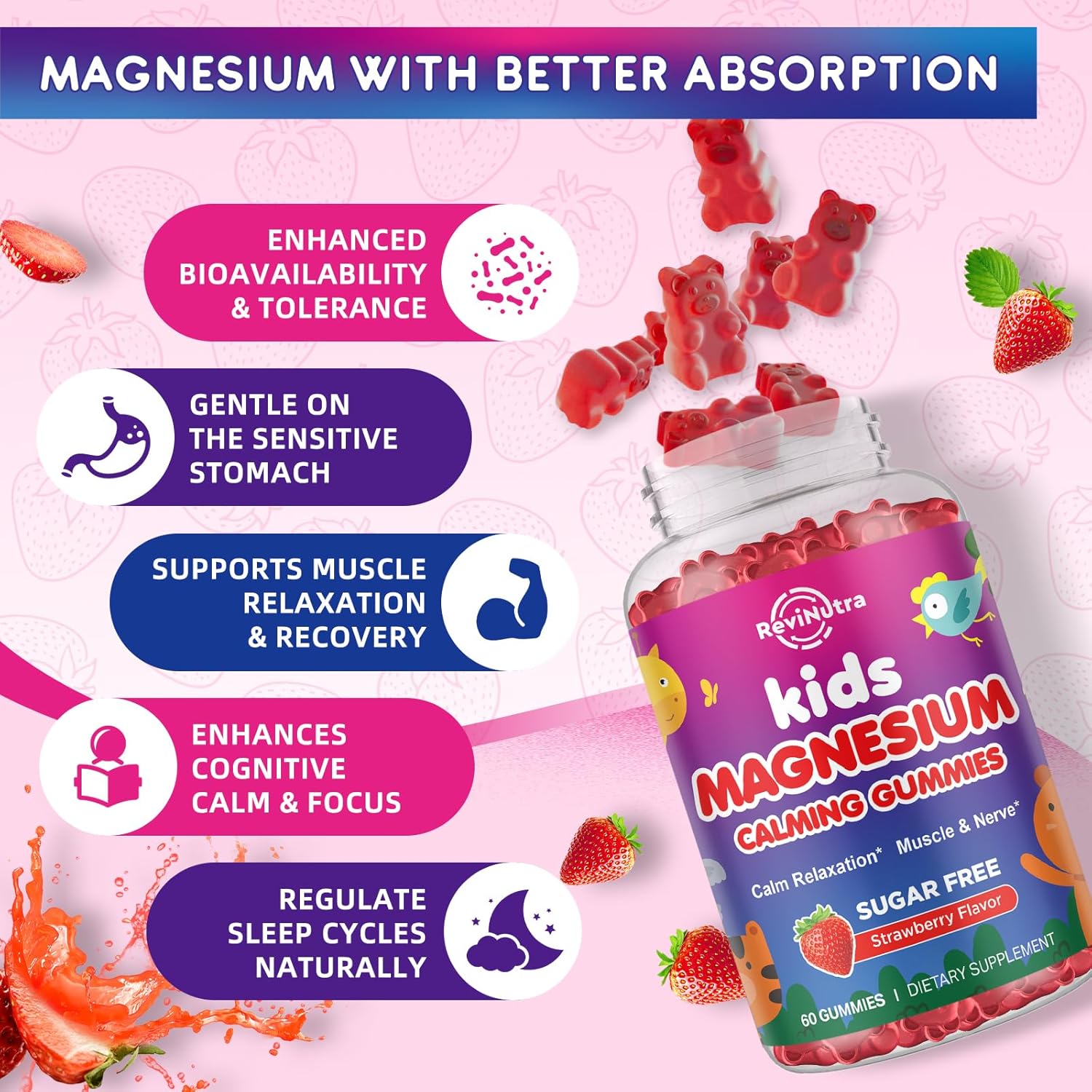 Sugar-Free Magnesium Gummies with L-Theanine & Chamomile for Kids & Adults - 60ct