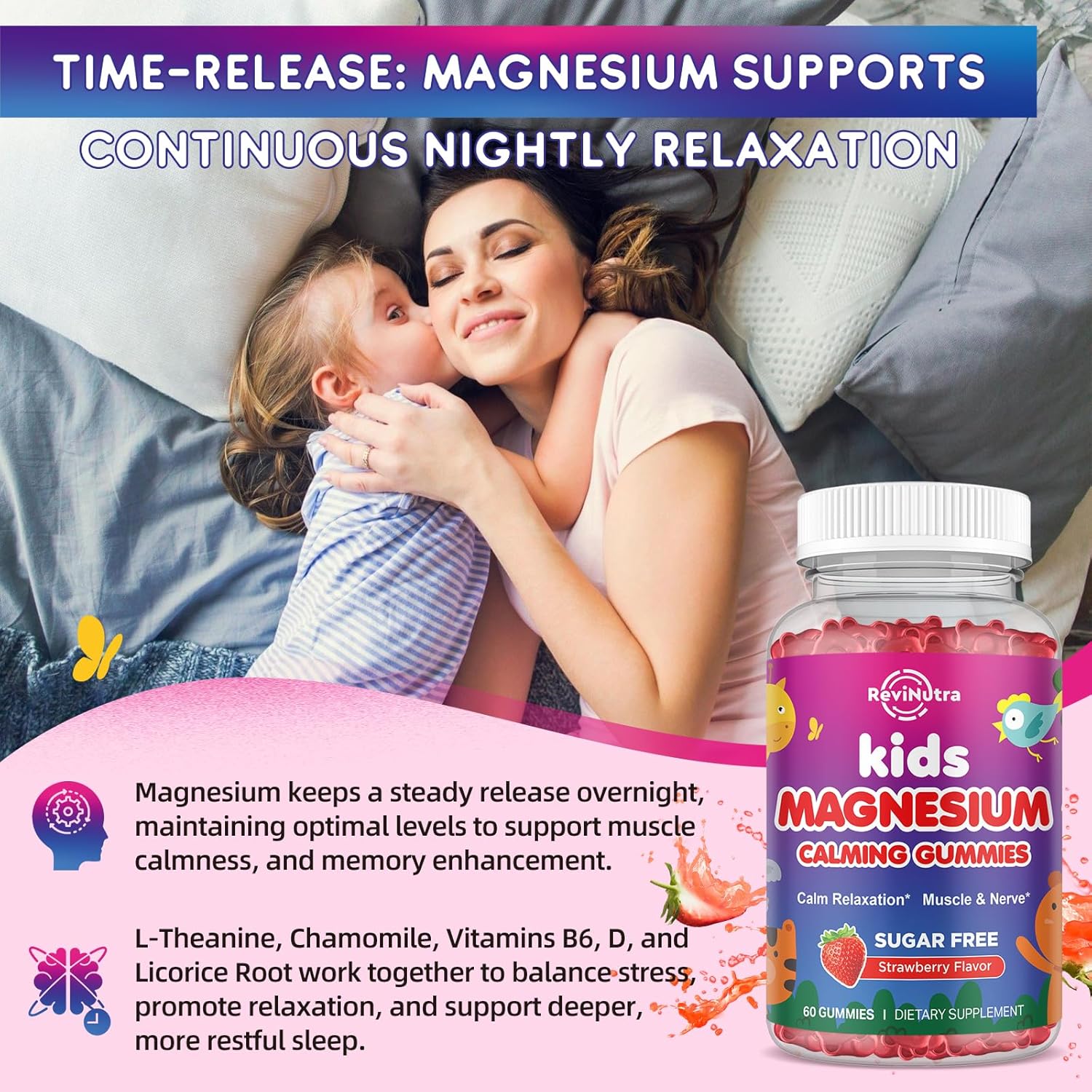 Sugar-Free Magnesium Gummies with L-Theanine & Chamomile for Kids & Adults - 60ct