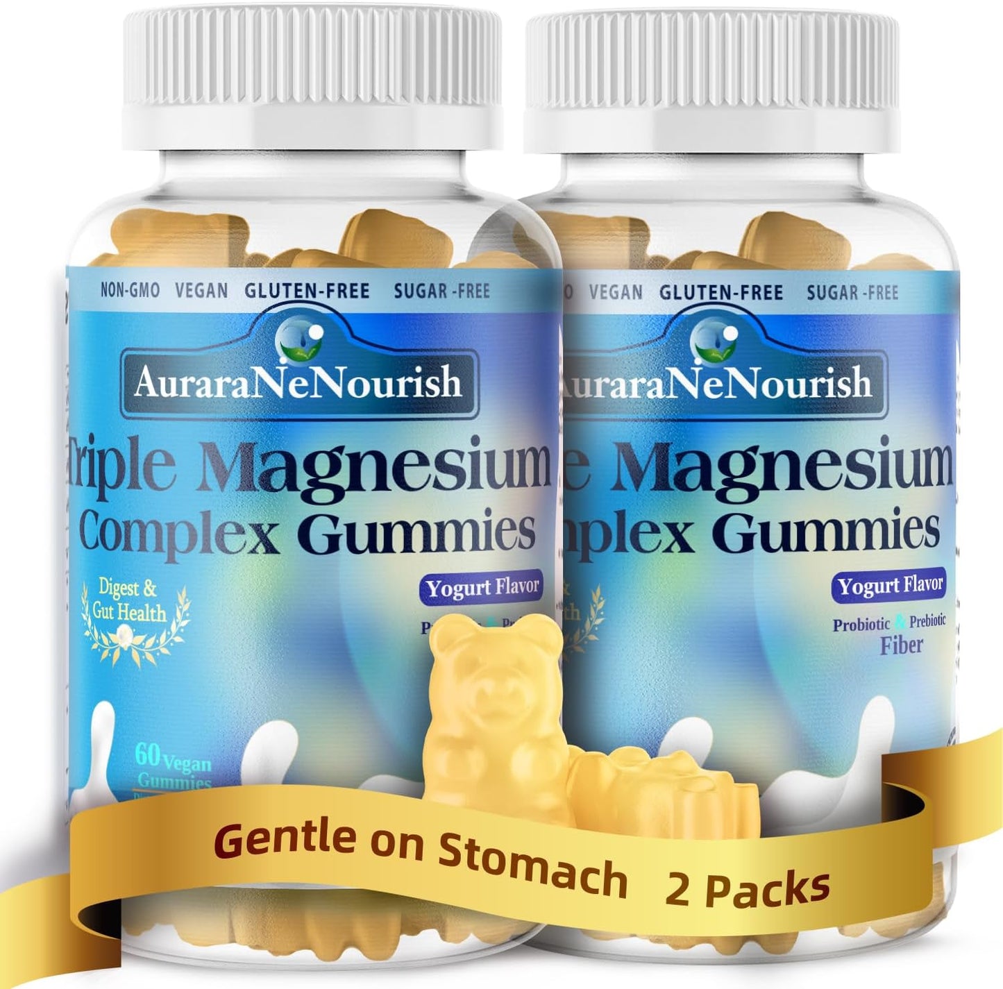 Sugar-Free Magnesium Gummies with Probiotic & Fiber - 2 Pack, 400mg Magnesium Glycinate, L-Threonate, Taurate - Chewable Gummies for Calm, Sleep, Brain, Digestion, Gut Health - VIT D3 K2 B6 Included